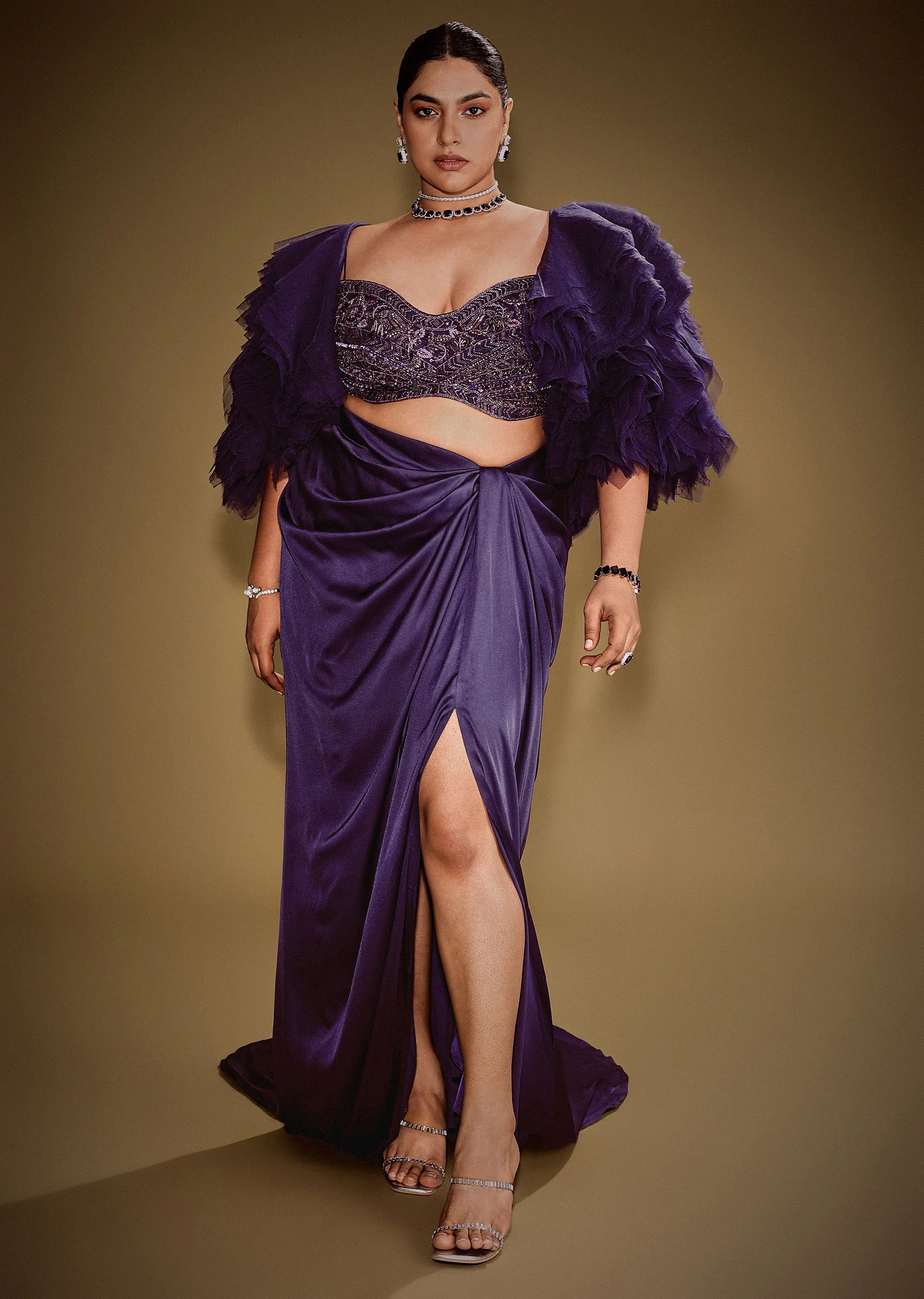 Violet Drape Skirt Set With Sleeveless Blouse And Ruffle Jacket - Image 4