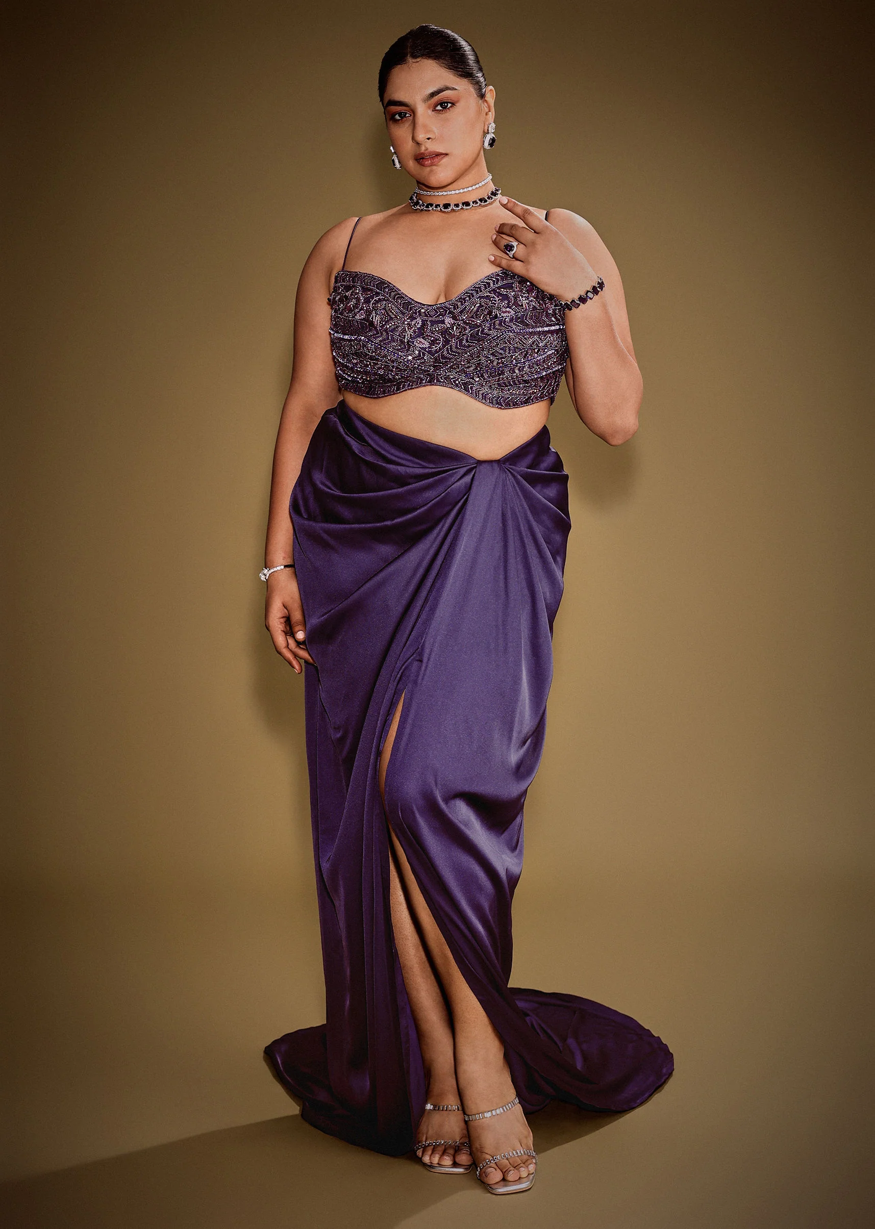 Violet Drape Skirt Set With Sleeveless Blouse And Ruffle Jacket - Image 6