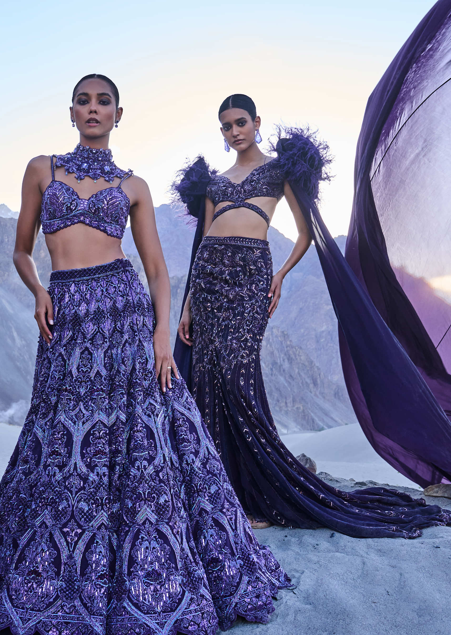 Violet Embroidered Fish Cut Lehenga Set With Attached Trail - Image 3