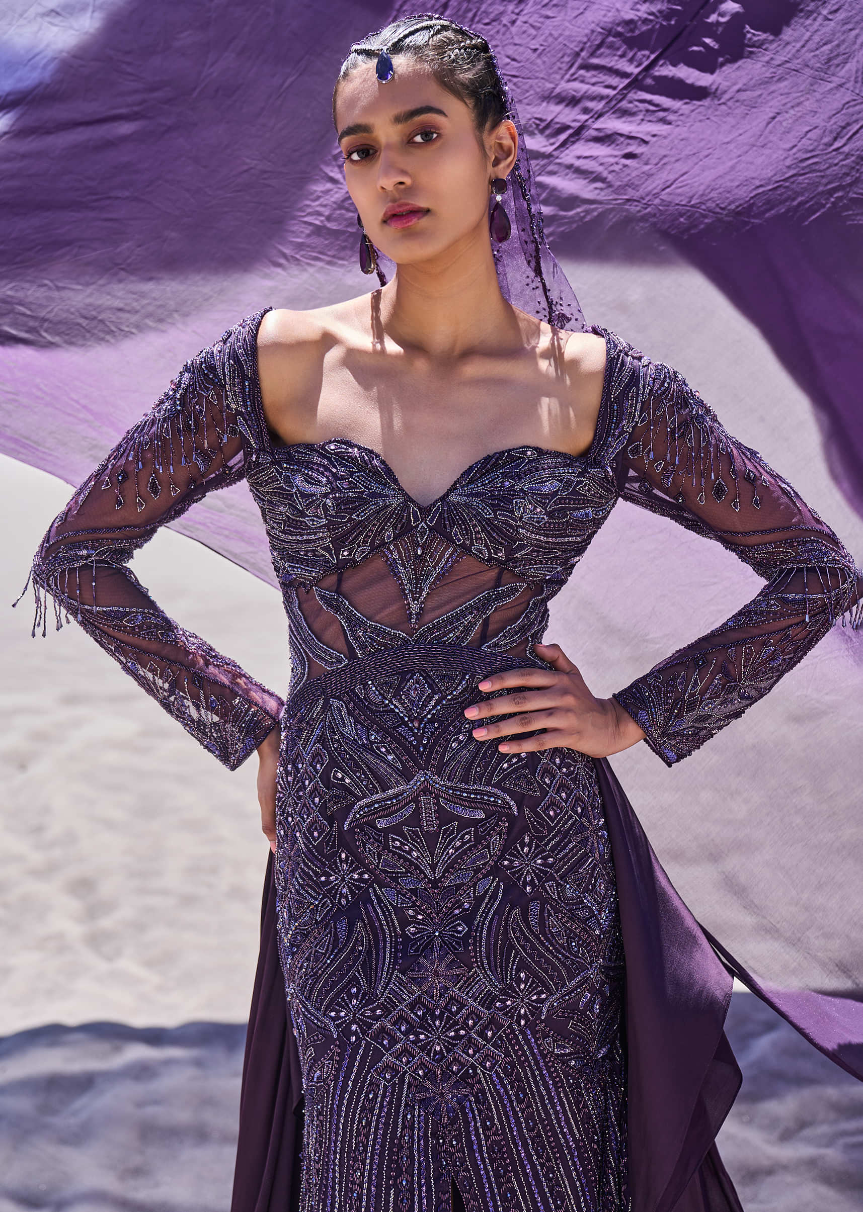 Violet Embroidered Fitted Slit Gown With Sweetheart Neckline - Image 2