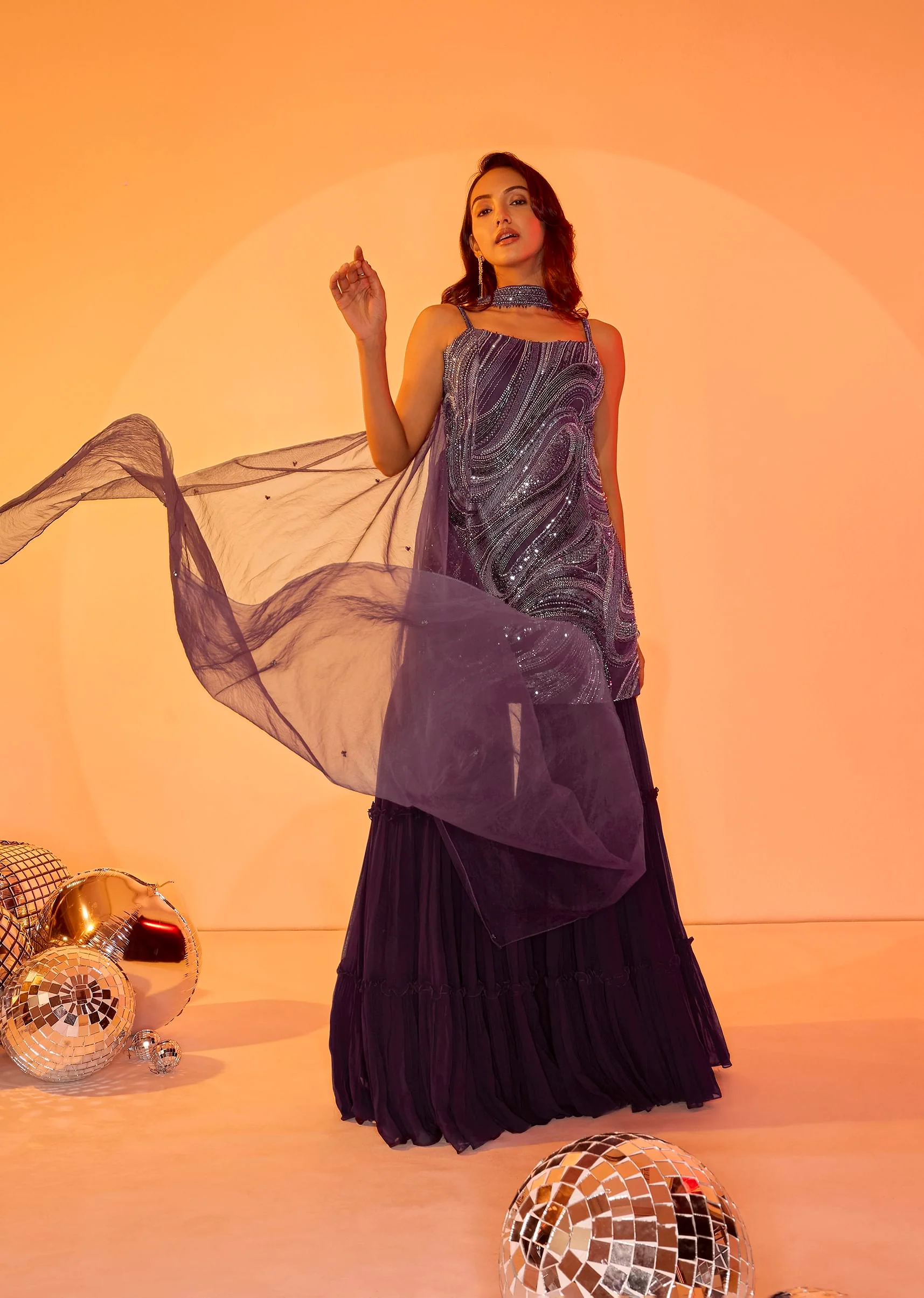 Violet Embroidered Kurti With Ruching Sharara - Image 3