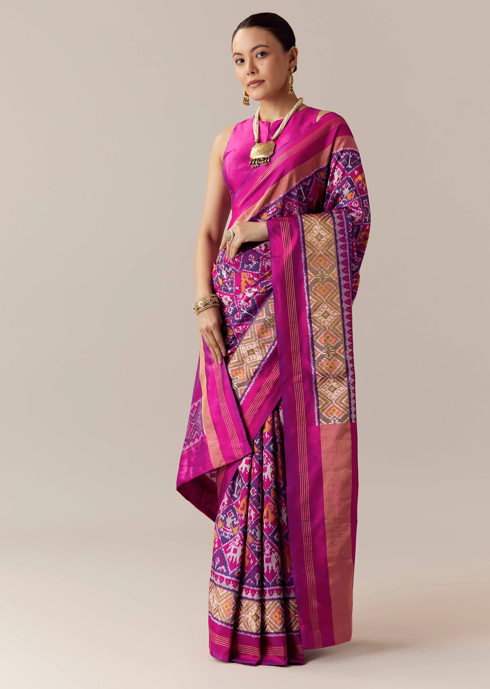 Violet Ikkat Geometric Weave Saree with Unstitched Blouse