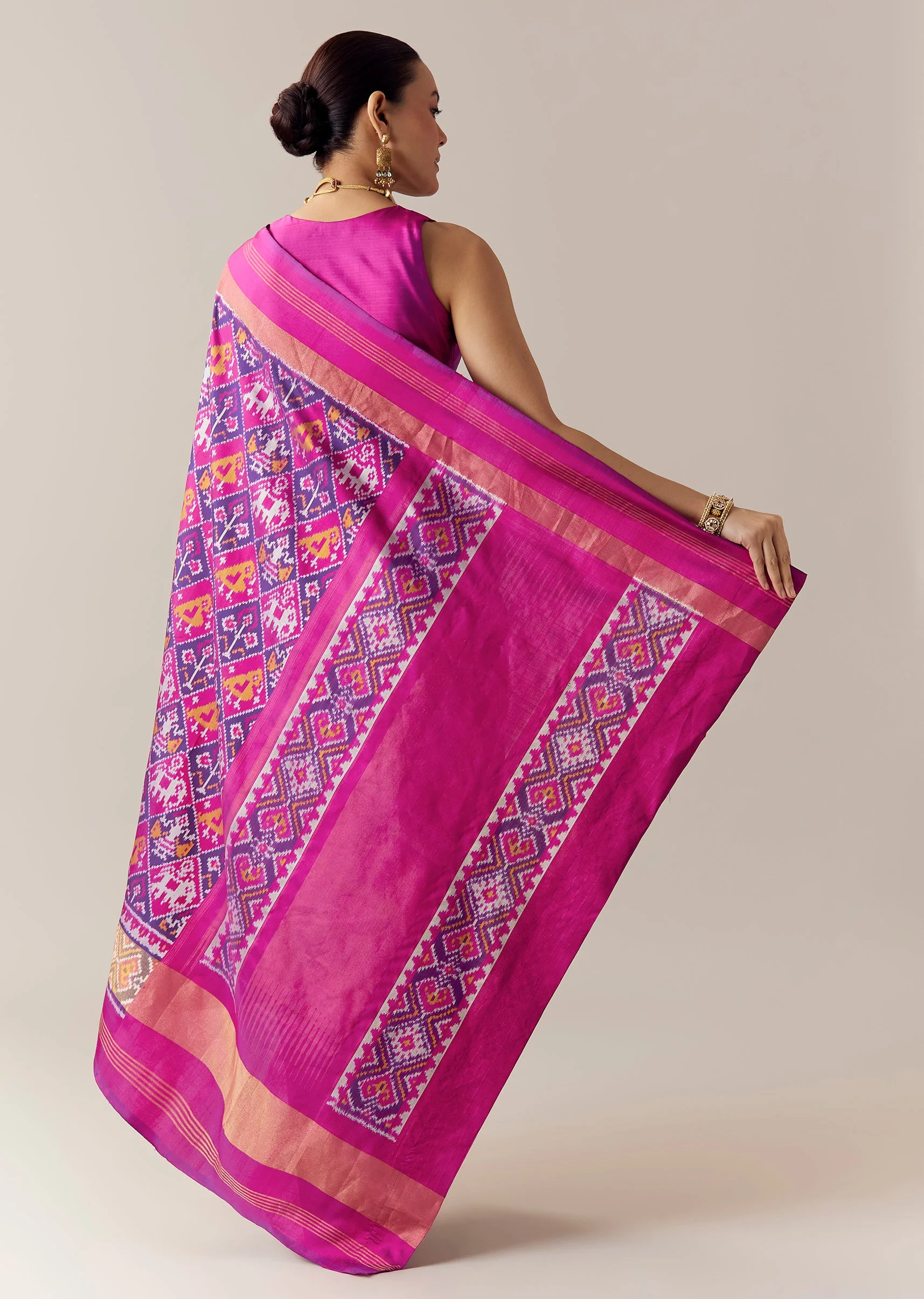 Violet Ikkat Geometric Weave Saree with Unstitched Blouse - Image 4