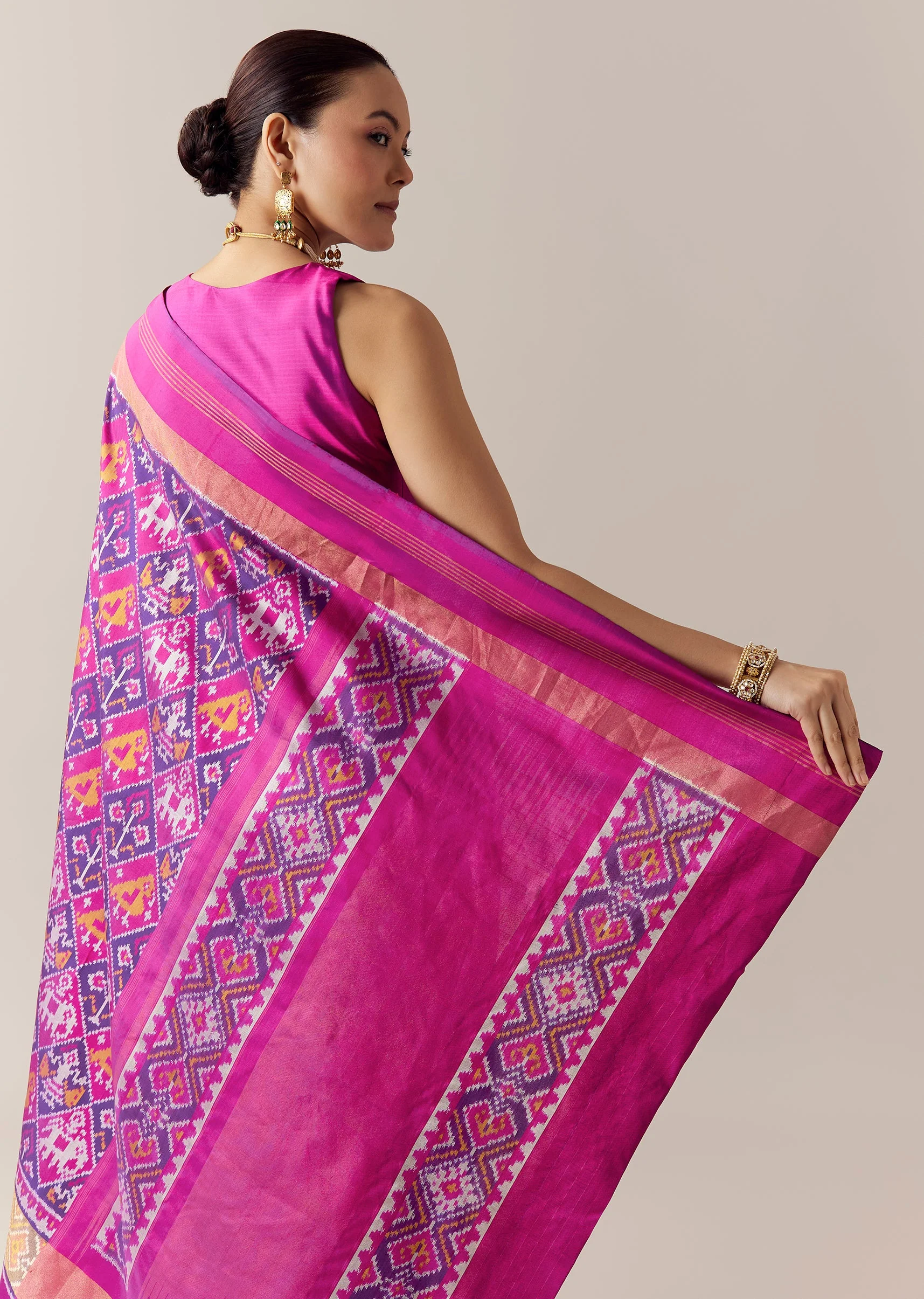 Violet Ikkat Geometric Weave Saree with Unstitched Blouse - Image 6