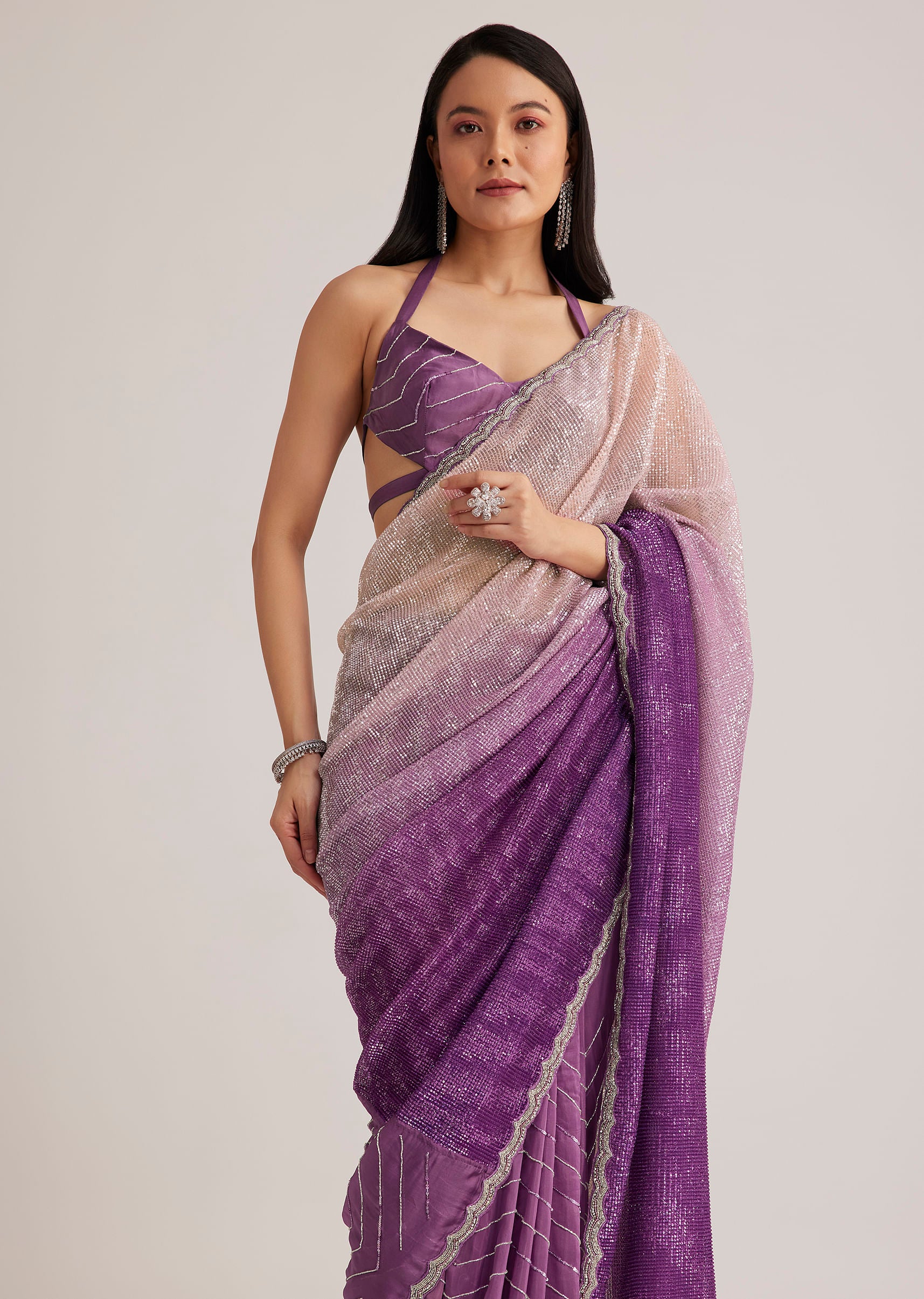 Violet Ombre Sequins Saree With Scallop Border - Image 2
