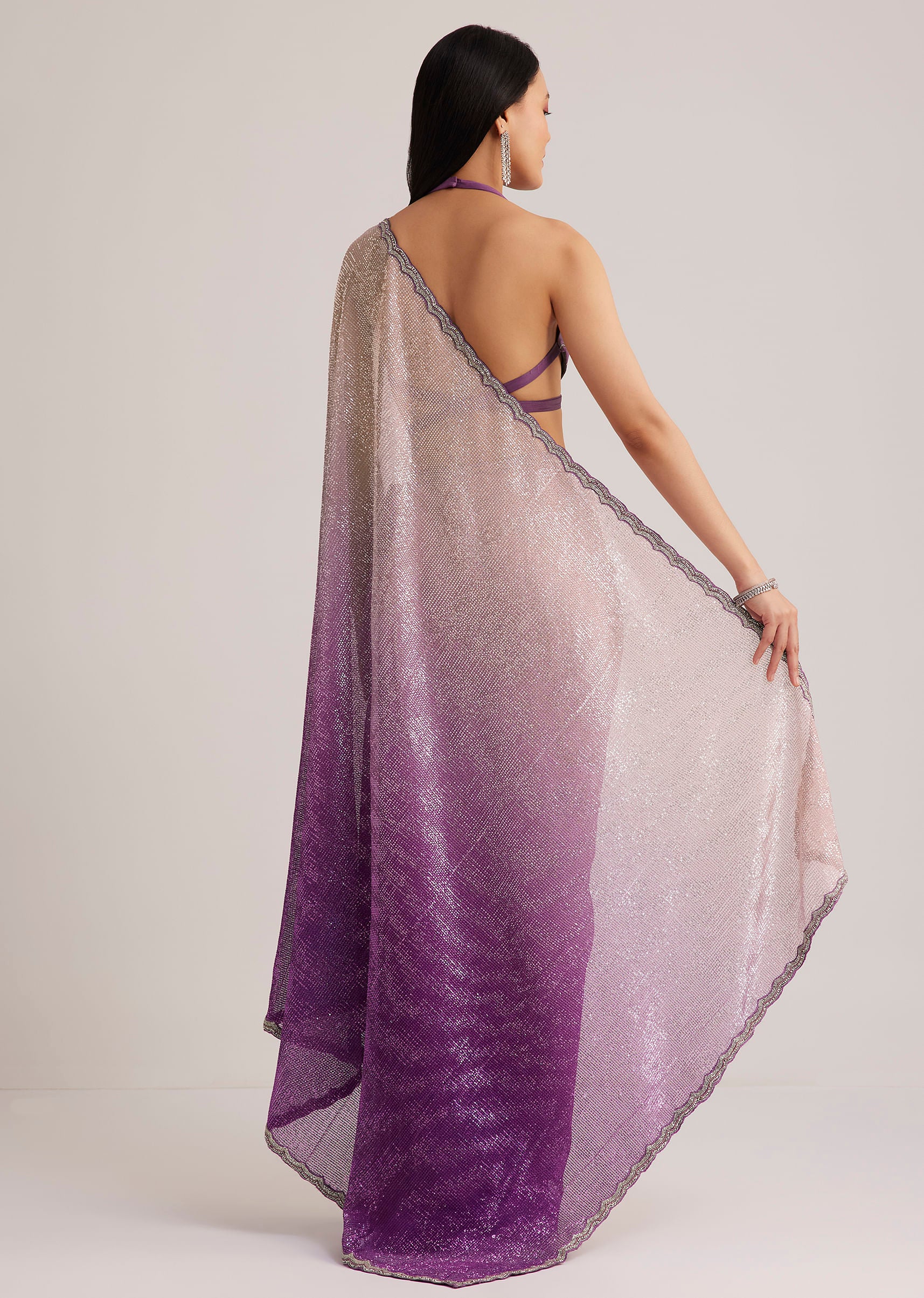 Violet Ombre Sequins Saree With Scallop Border - Image 4