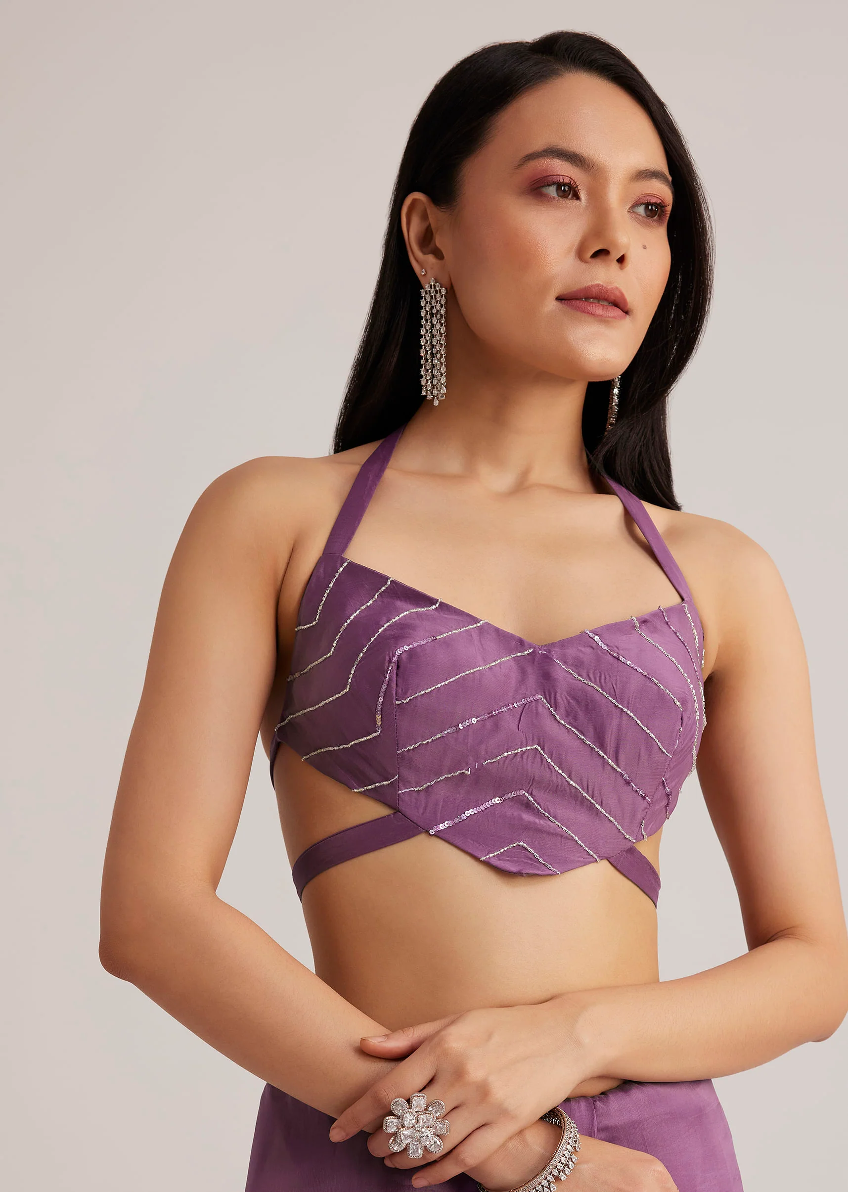 Violet Ombre Sequins Saree With Scallop Border - Image 7