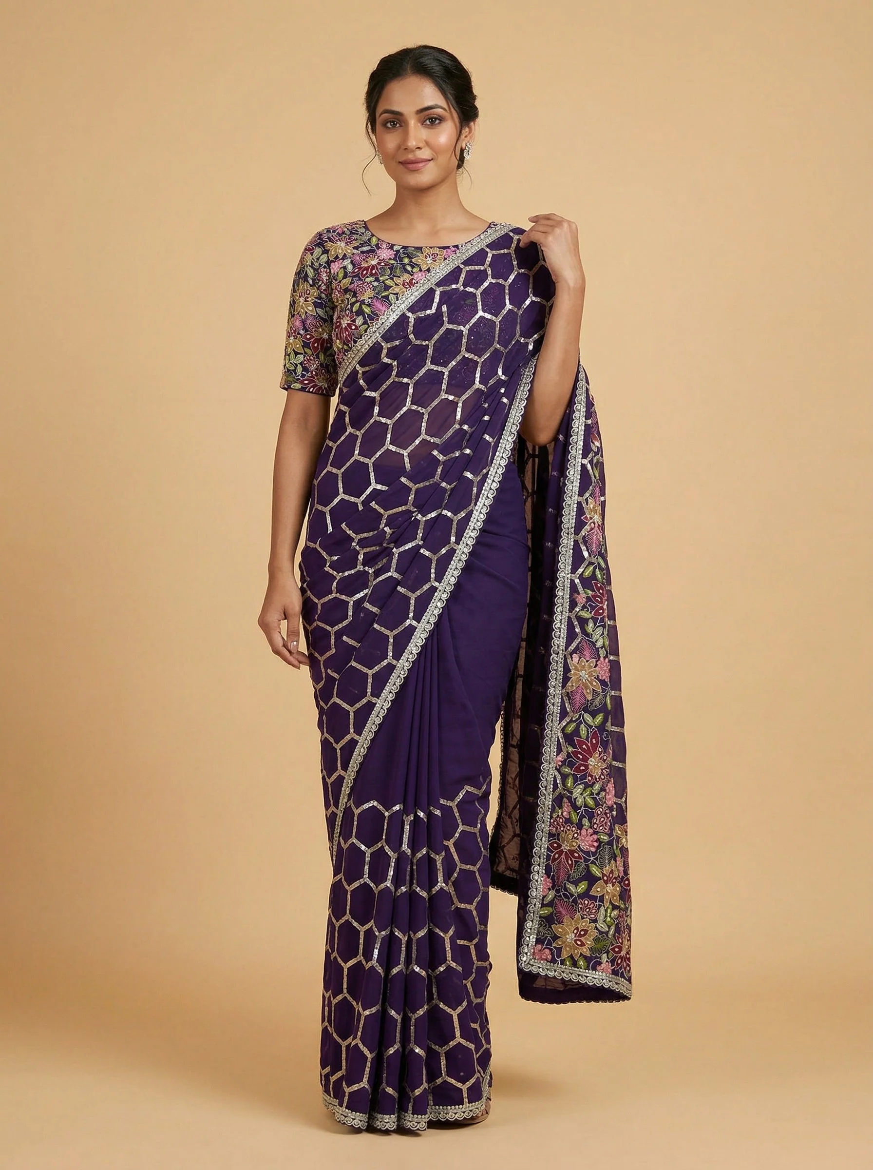 Violet Purple Embroidered Saree