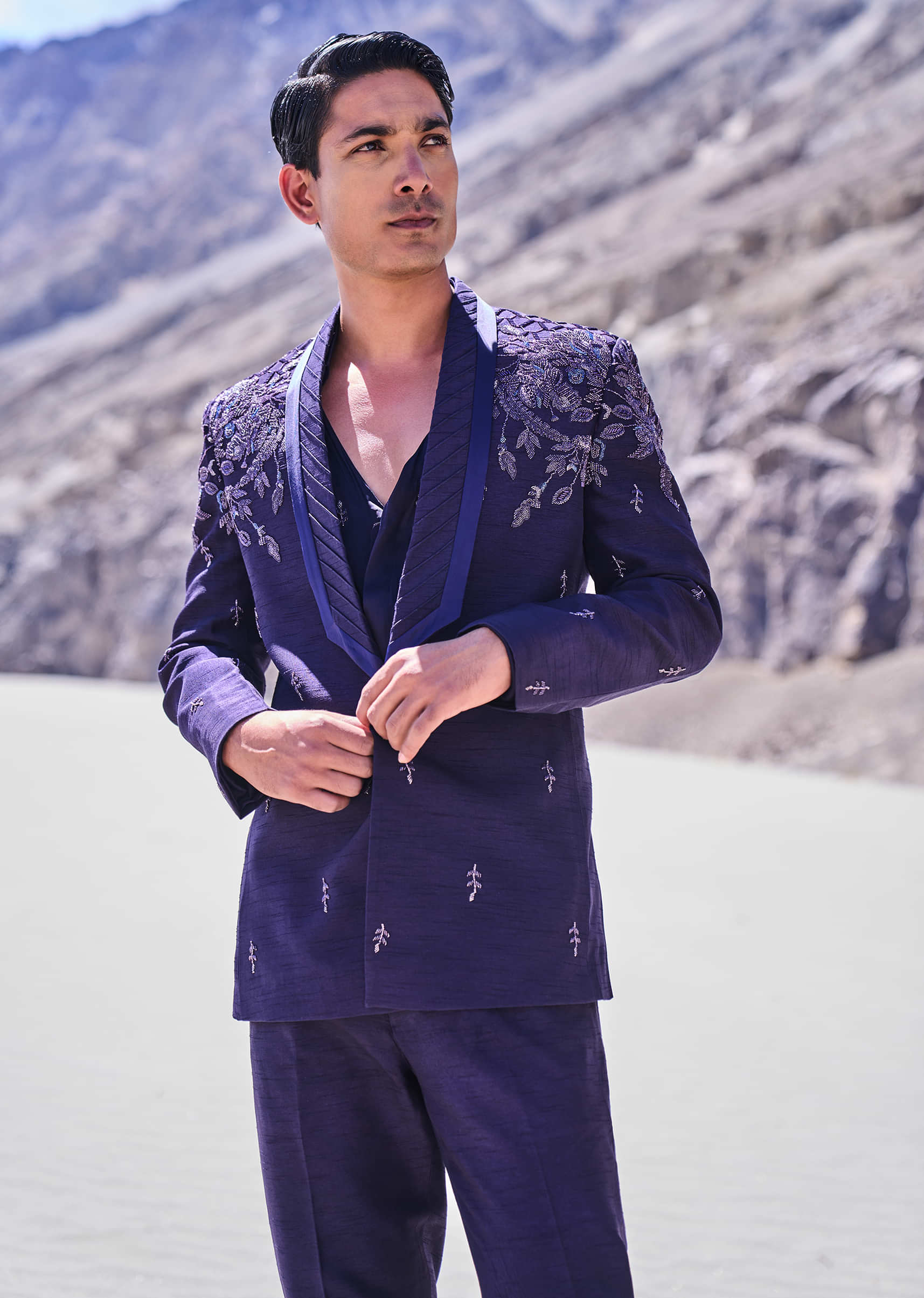 Violet Royal Hand Embroidered Tussar Tuxedo Set - Image 3
