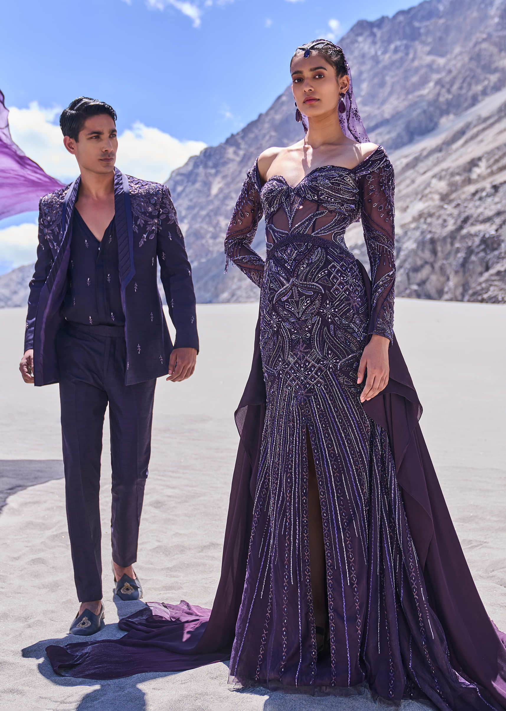 Violet Royal Hand Embroidered Tussar Tuxedo Set - Image 4