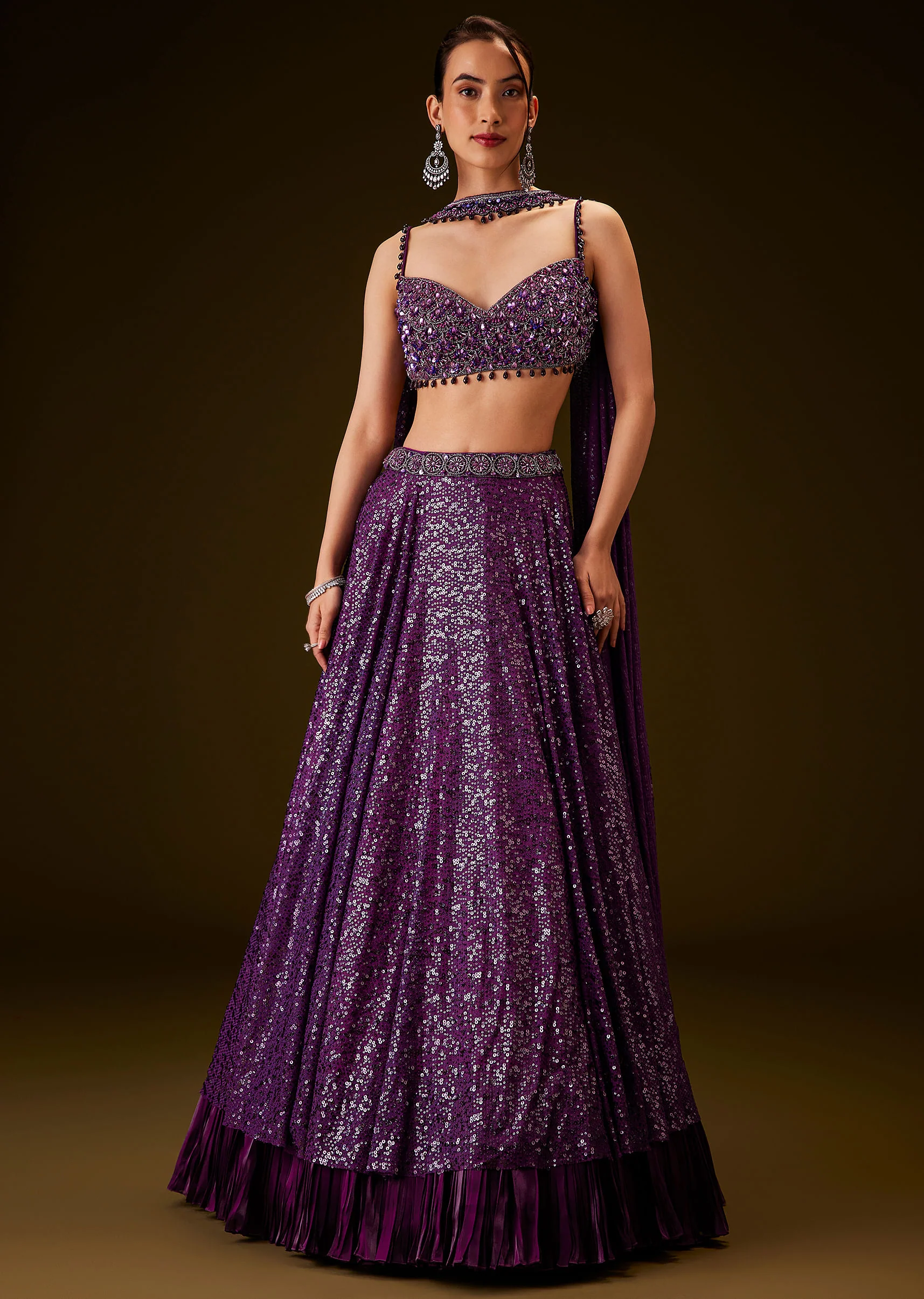 Violet Sequin Lehenga Set With Hand Embroidered Choker Dupatta - Image 3