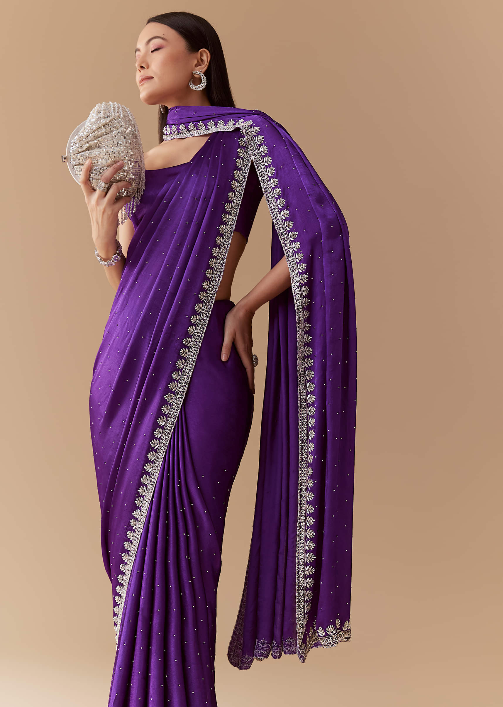 Violet Stone Embellished Saree with Unstitched Blouse - Image 5