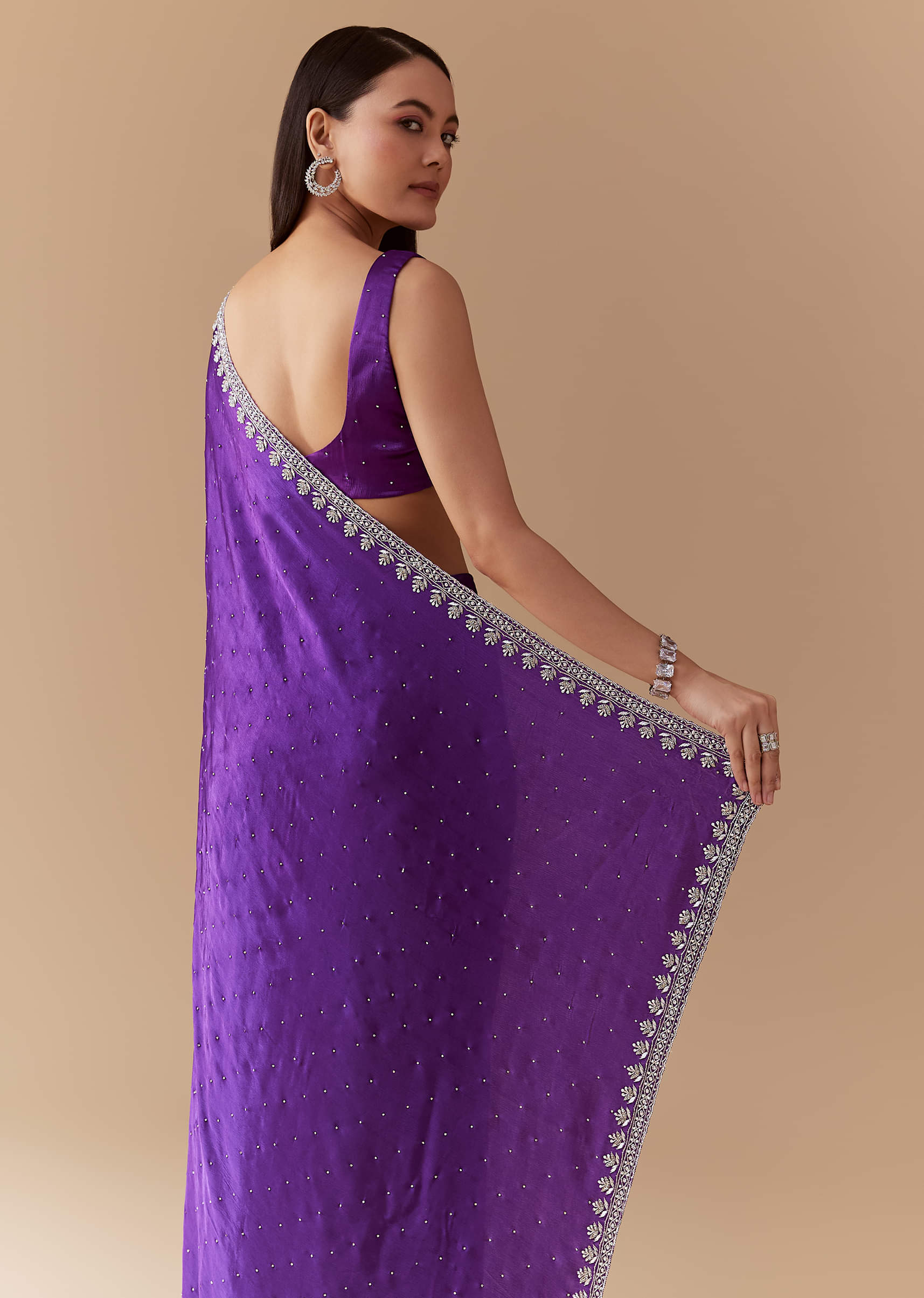 Violet Stone Embellished Saree with Unstitched Blouse - Image 6