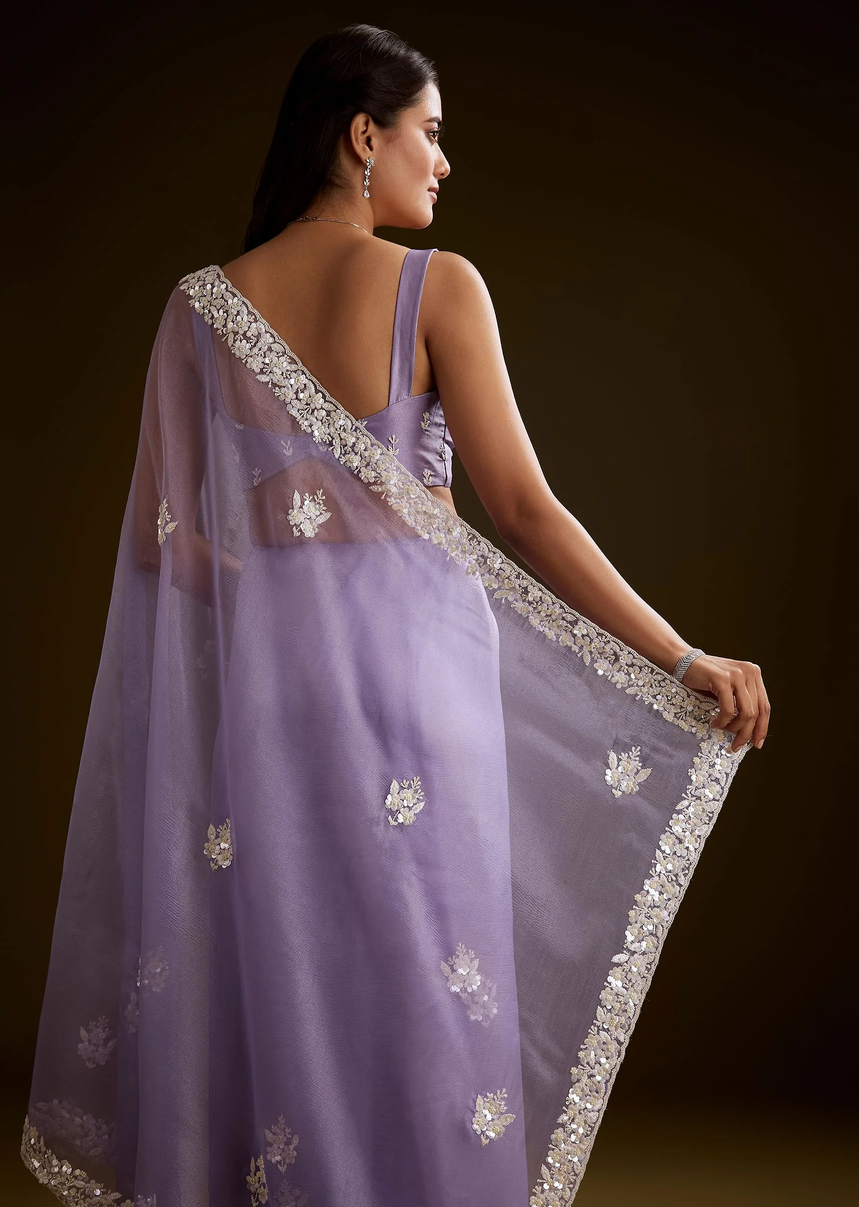 Violet Tissue Saree With Floral Embroidery And Scallop Border - Image 6