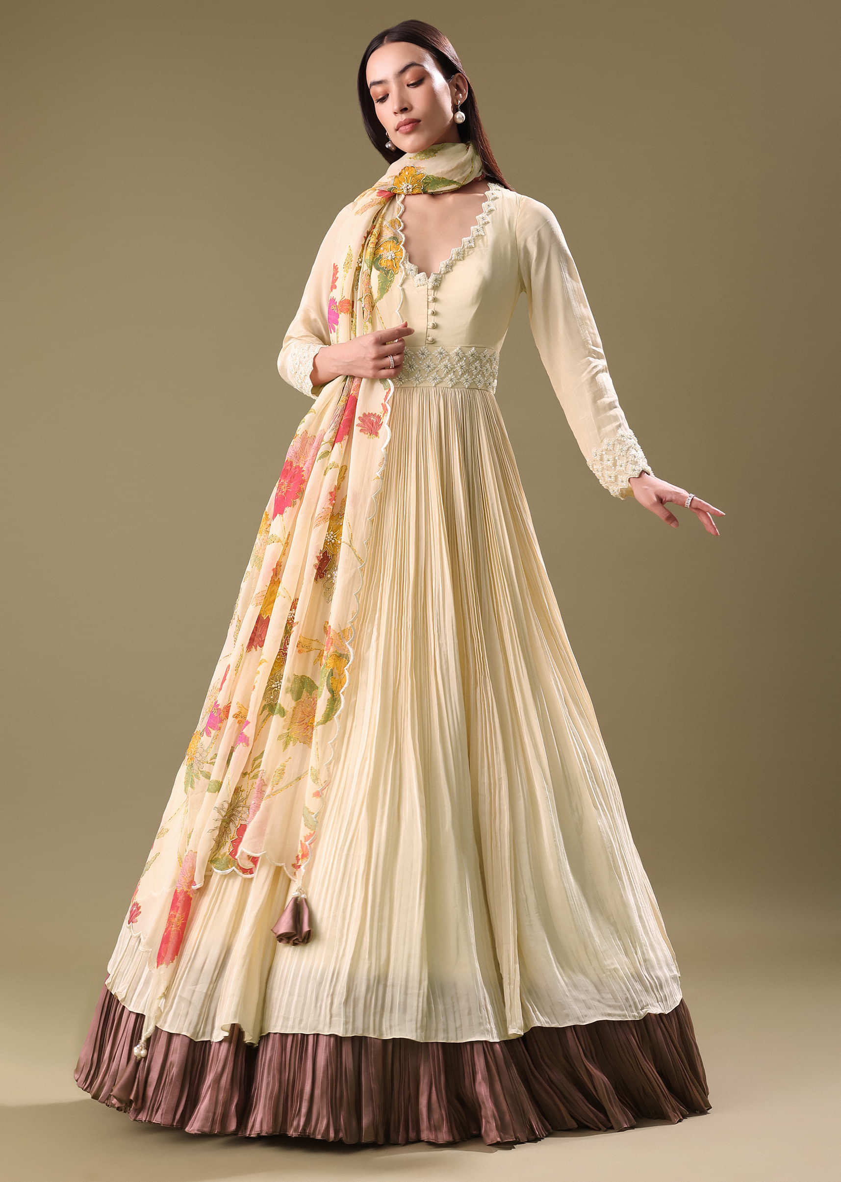 Warm Ivory Beaded Long Suit With Dupatta - Image 3