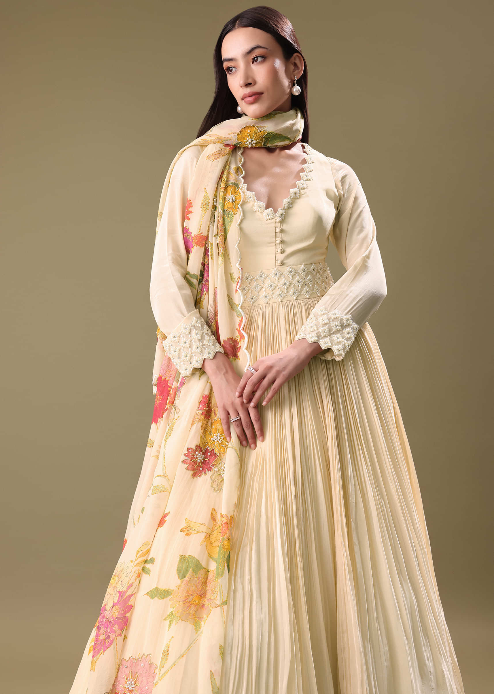 Warm Ivory Beaded Long Suit With Dupatta - Image 4