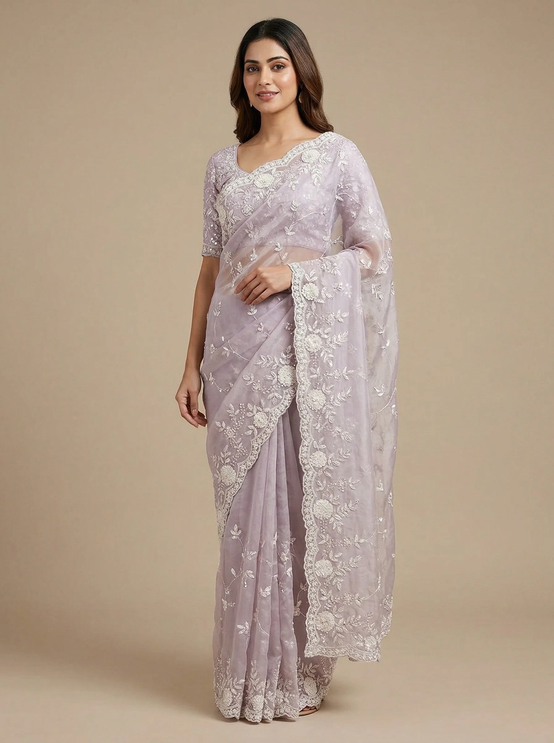 Wheat Beige Embroidered Saree