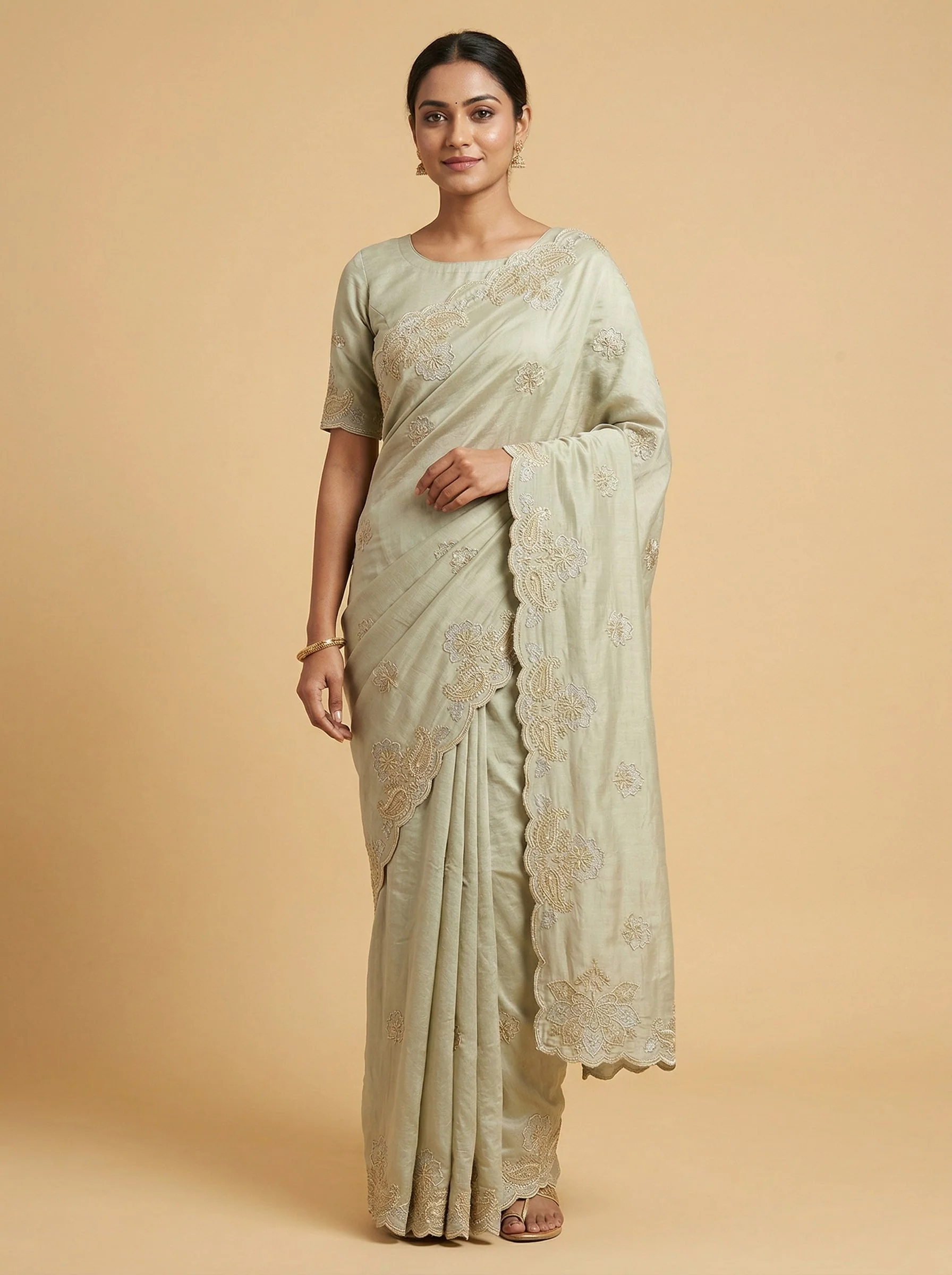 Wheat Ivory Beige Embroidered Saree
