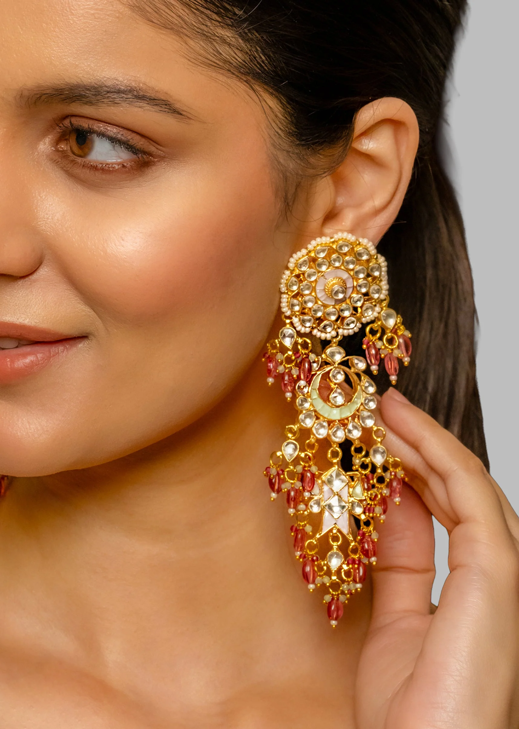 White And Mint Kundan Polki Earrings - Image 3
