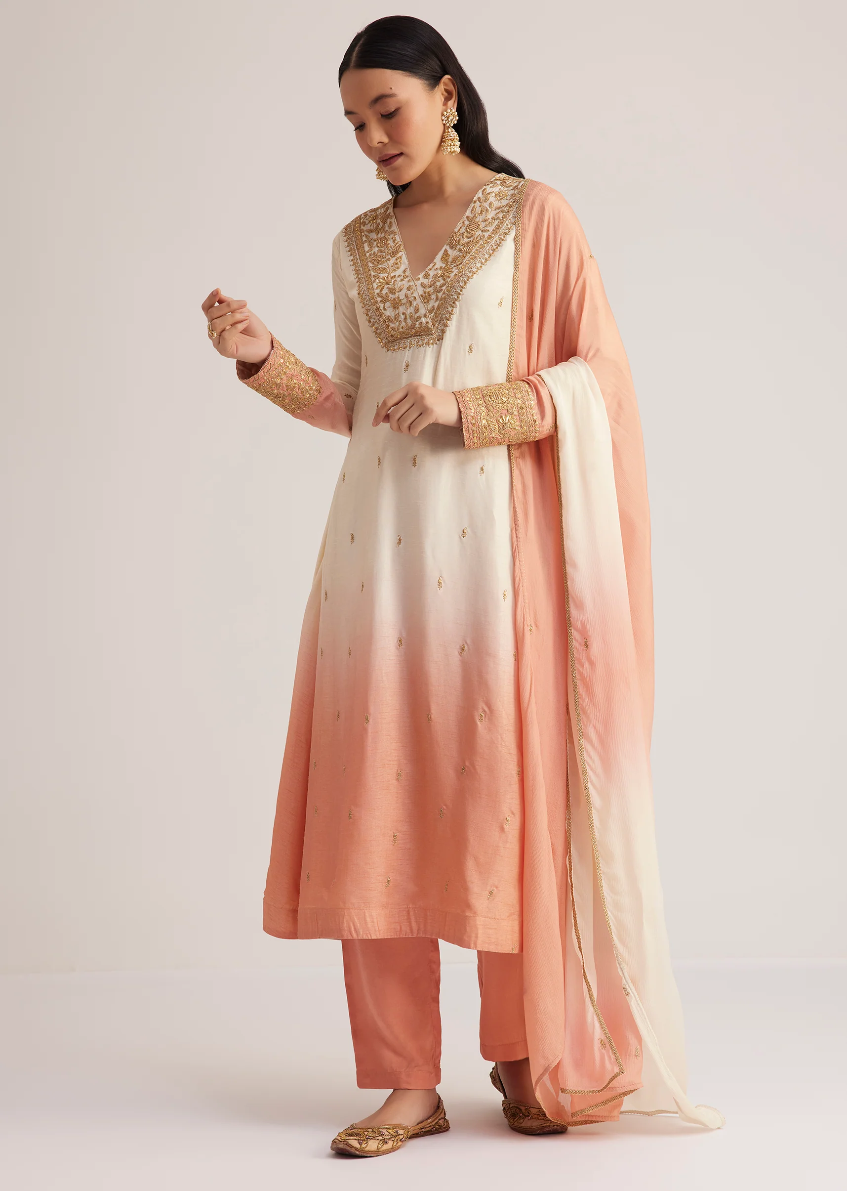 White and Peach Ombre Embroidered Suit - Image 2