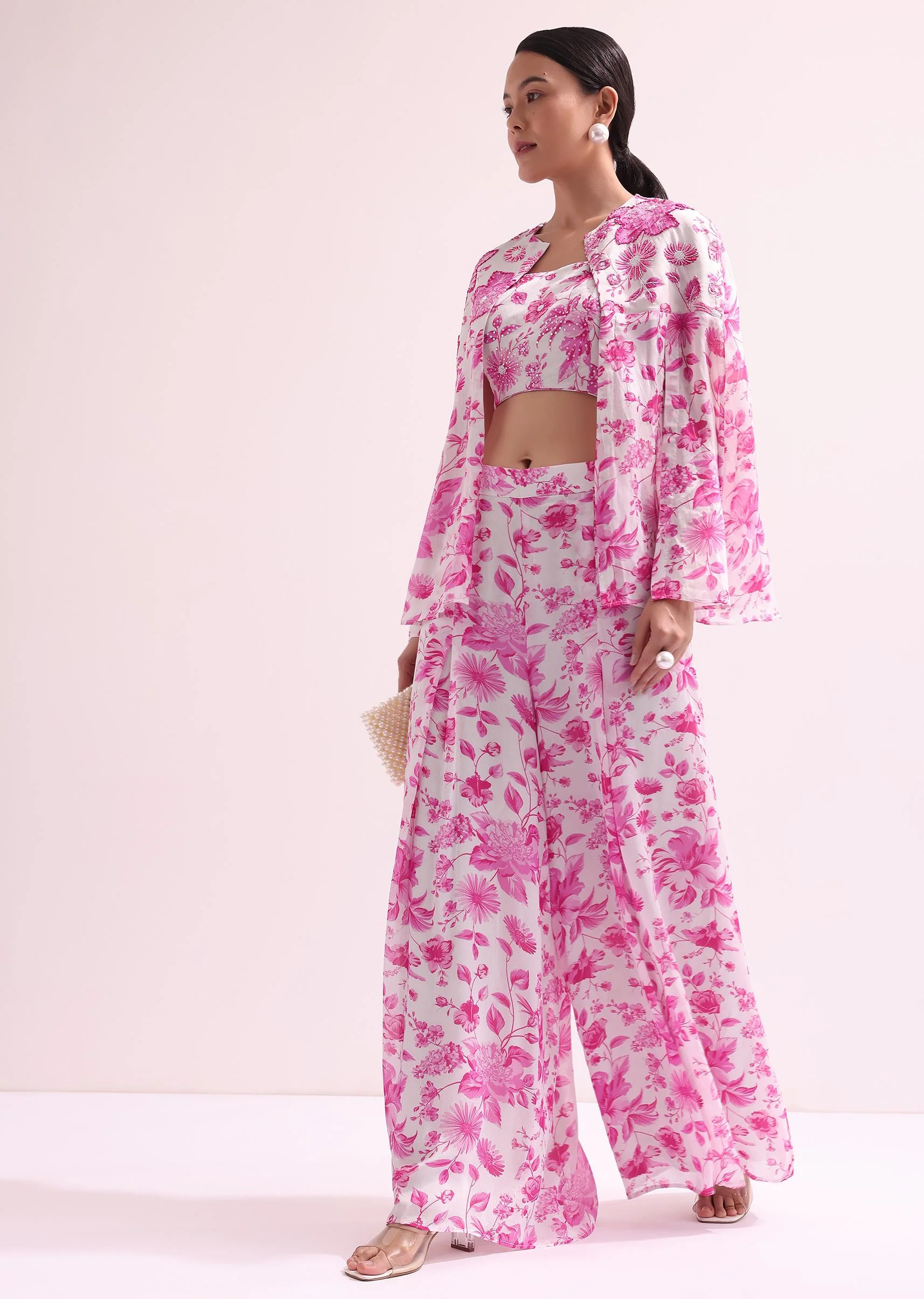White And Pink Floral Croptop And Palazzo Set - Image 3