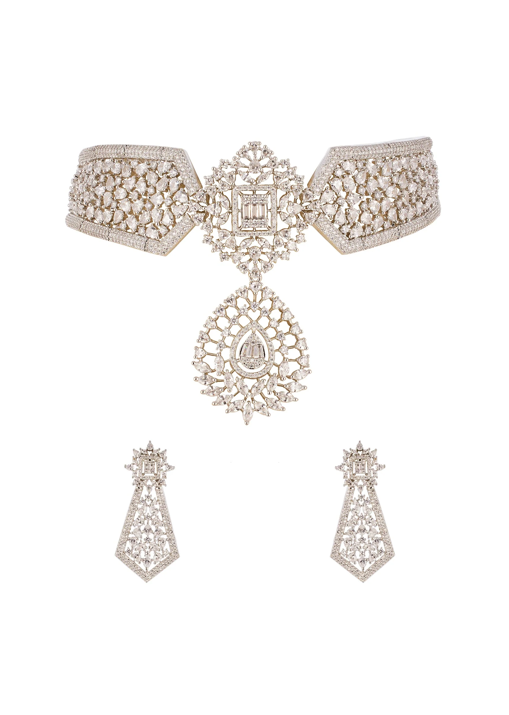 White Anti Tarnish Rhodium Plated Long Pendant Necklace Set In Brass with CZ Diamonds
