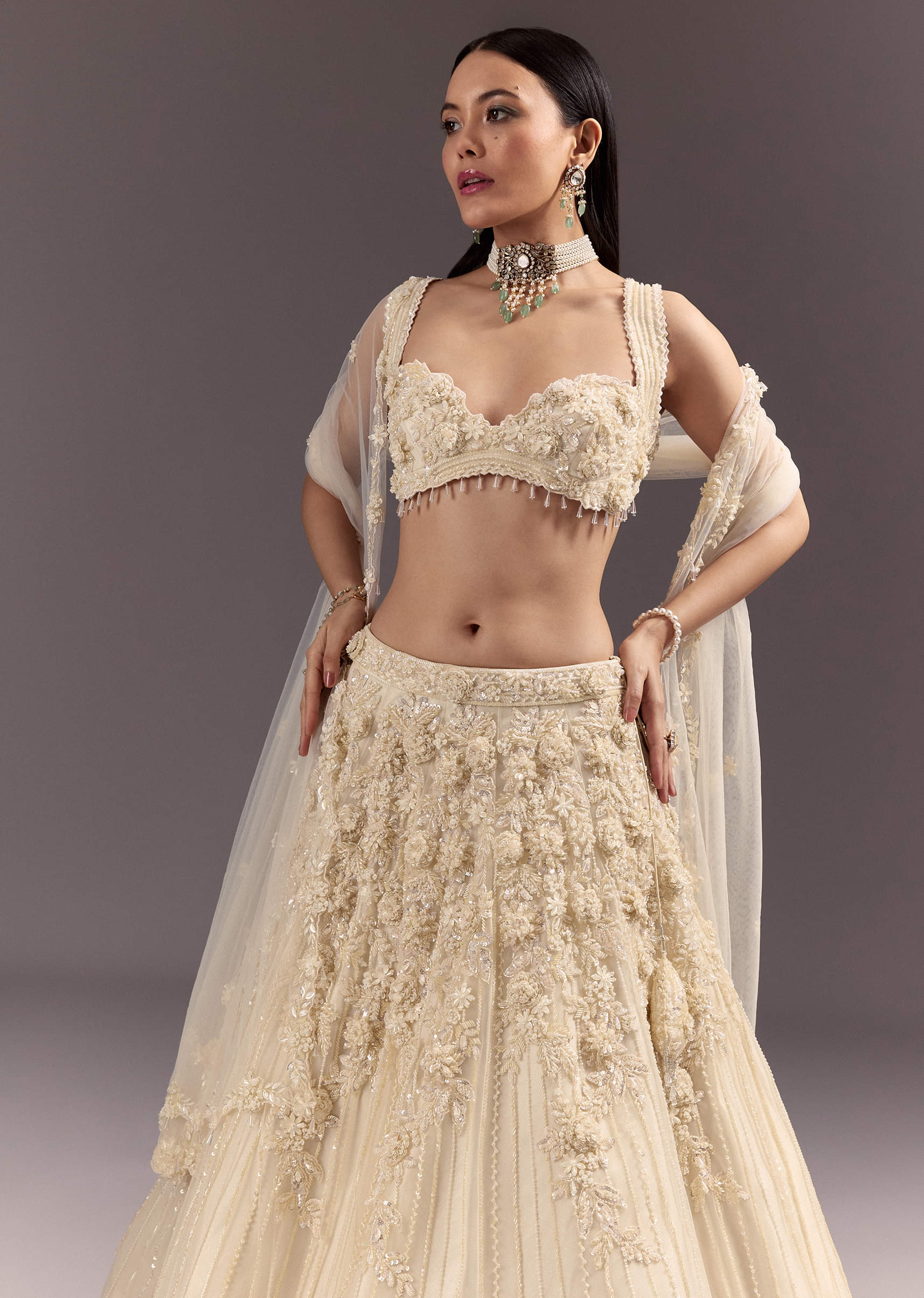 White Bustier Lehenga Set With 3D Floral And Mirror Work - Image 2