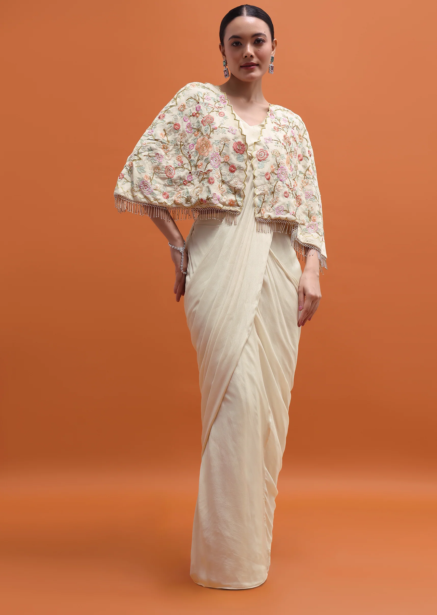 White Chiffon Embroidered Readymade Saree With Cape - Image 2