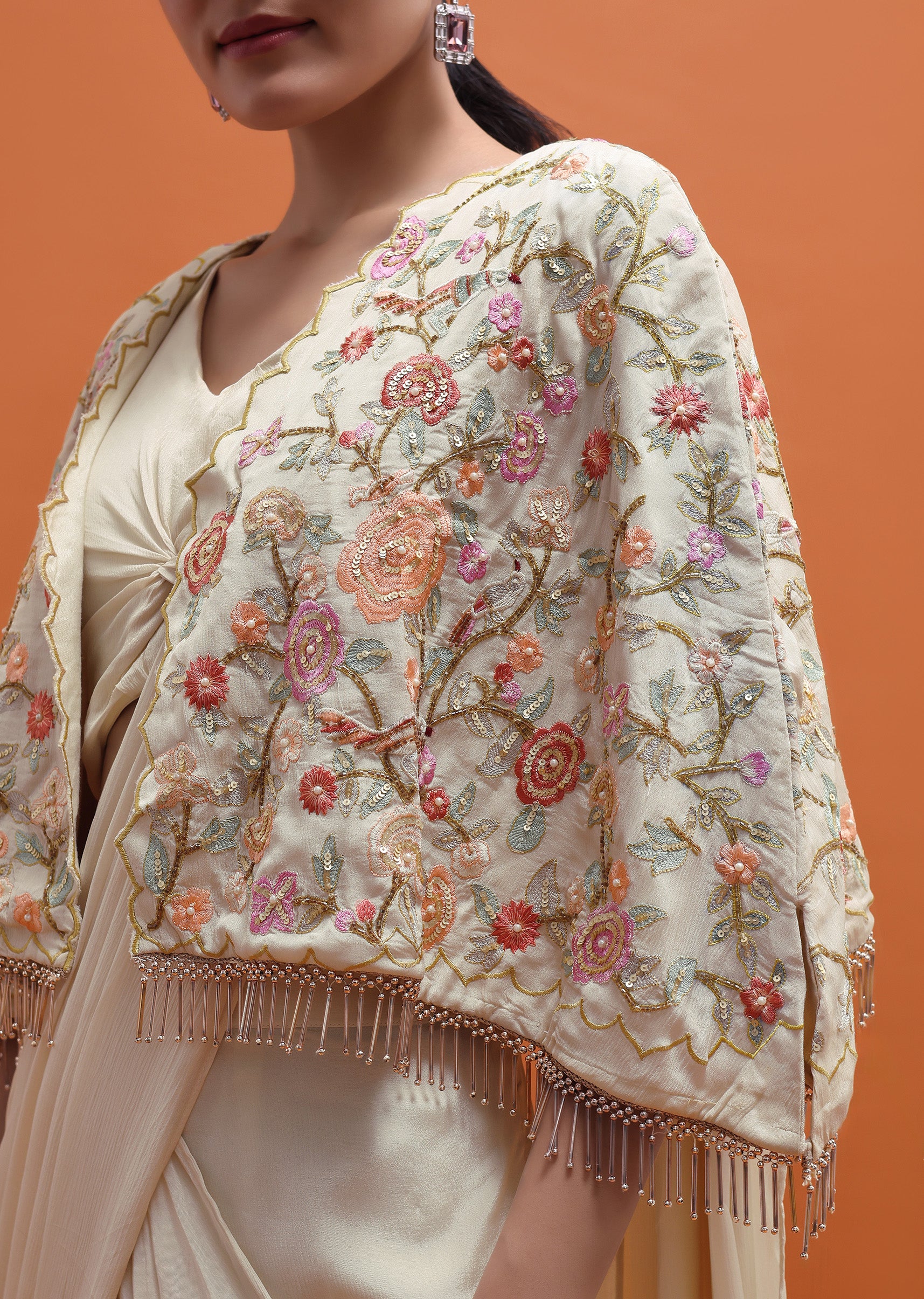 White Chiffon Embroidered Readymade Saree With Cape - Image 3