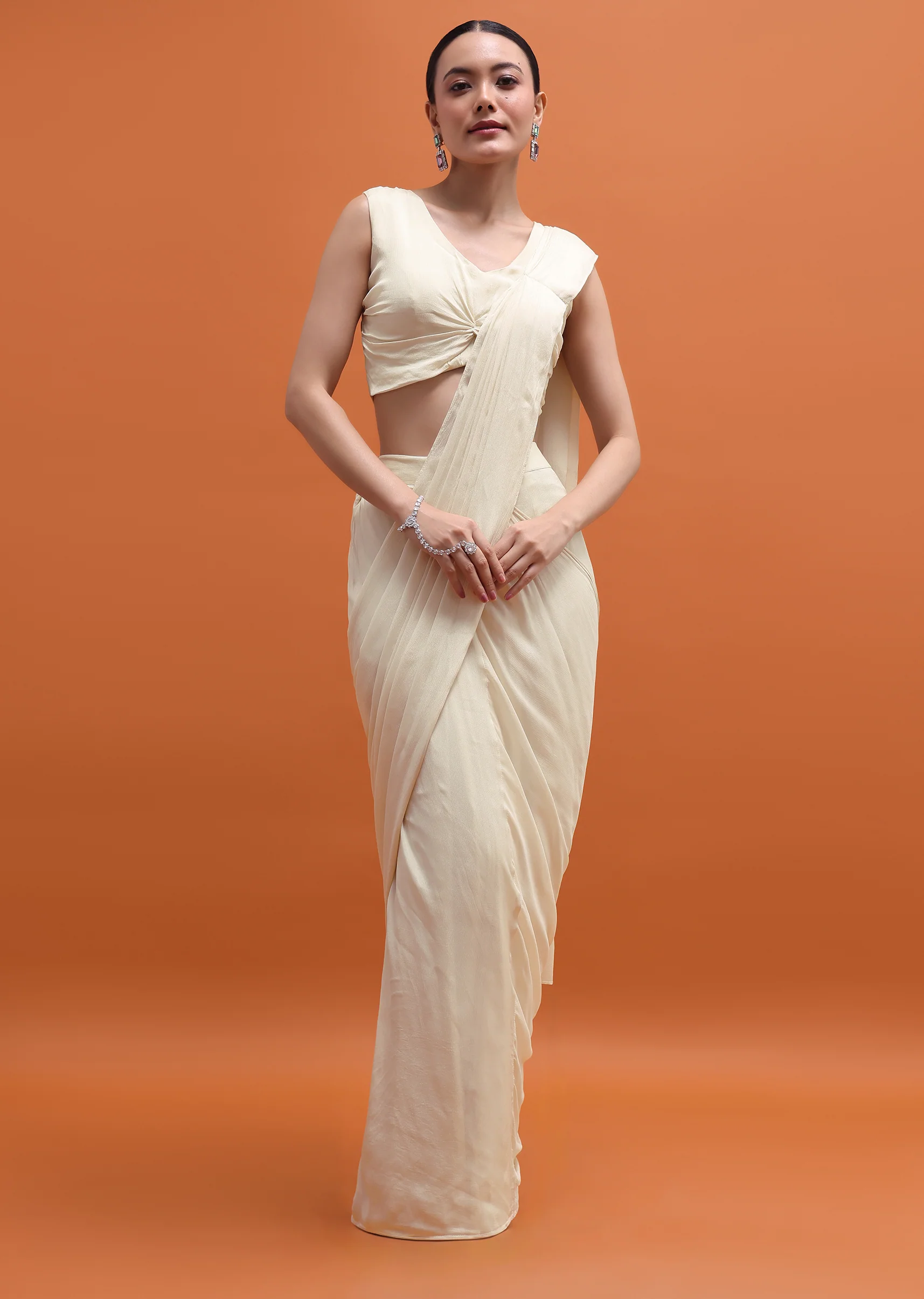 White Chiffon Embroidered Readymade Saree With Cape - Image 5