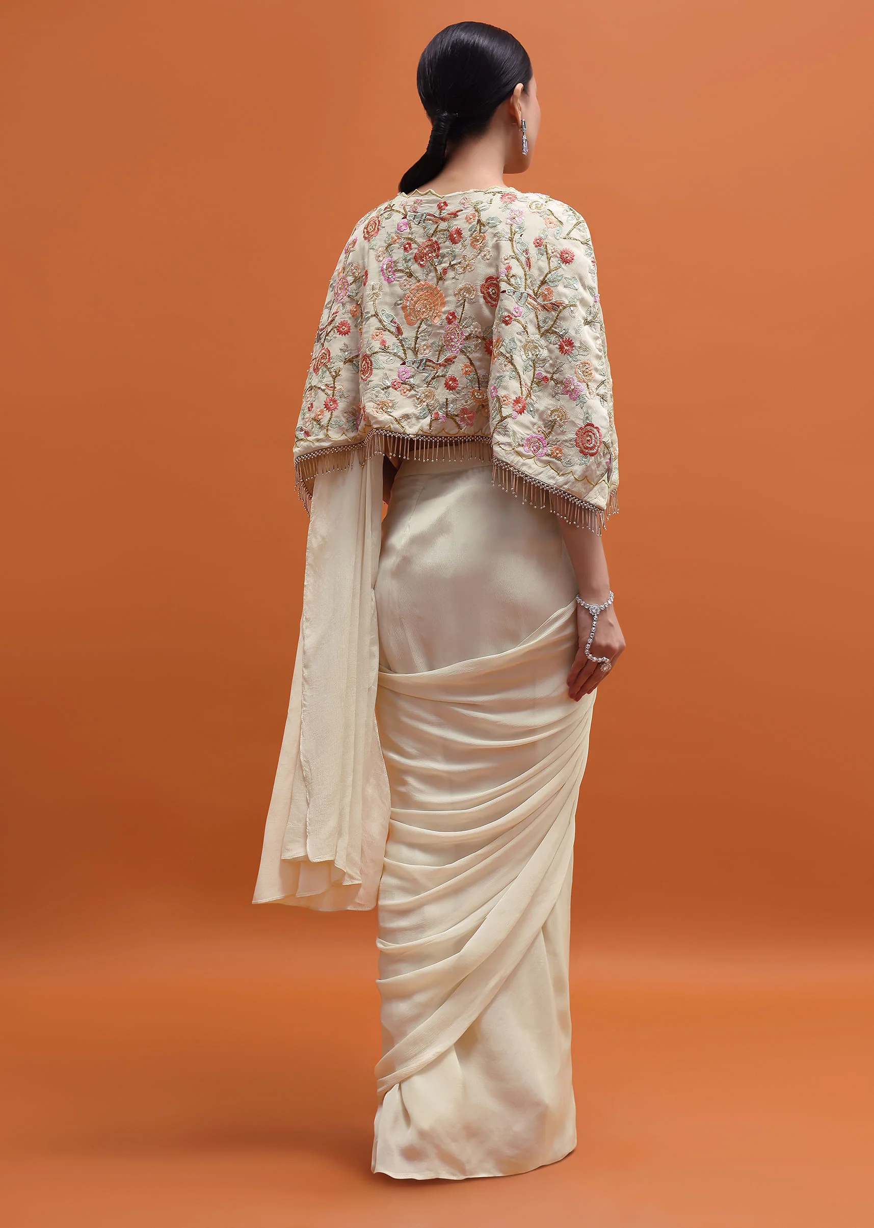 White Chiffon Embroidered Readymade Saree With Cape - Image 6