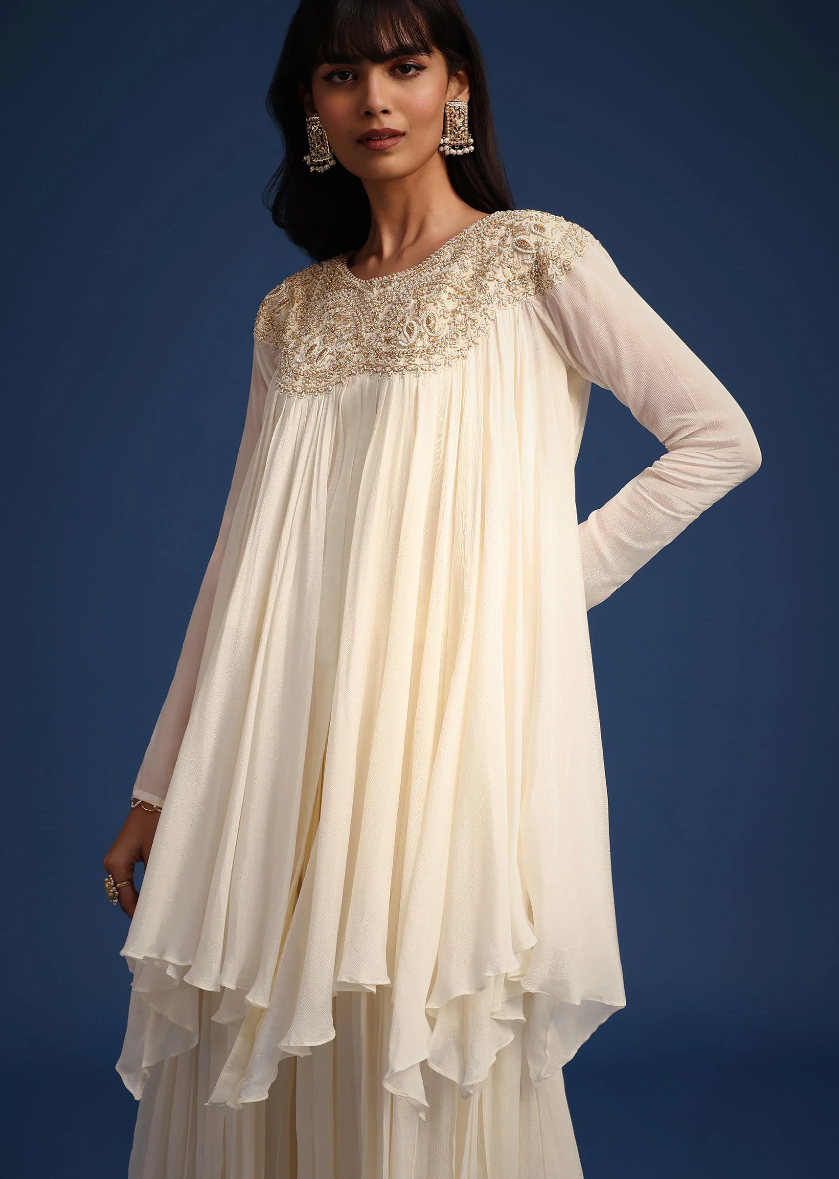White Chiffon Kurta And Palazzo Set With Cutdana And Sequin Work - Image 4