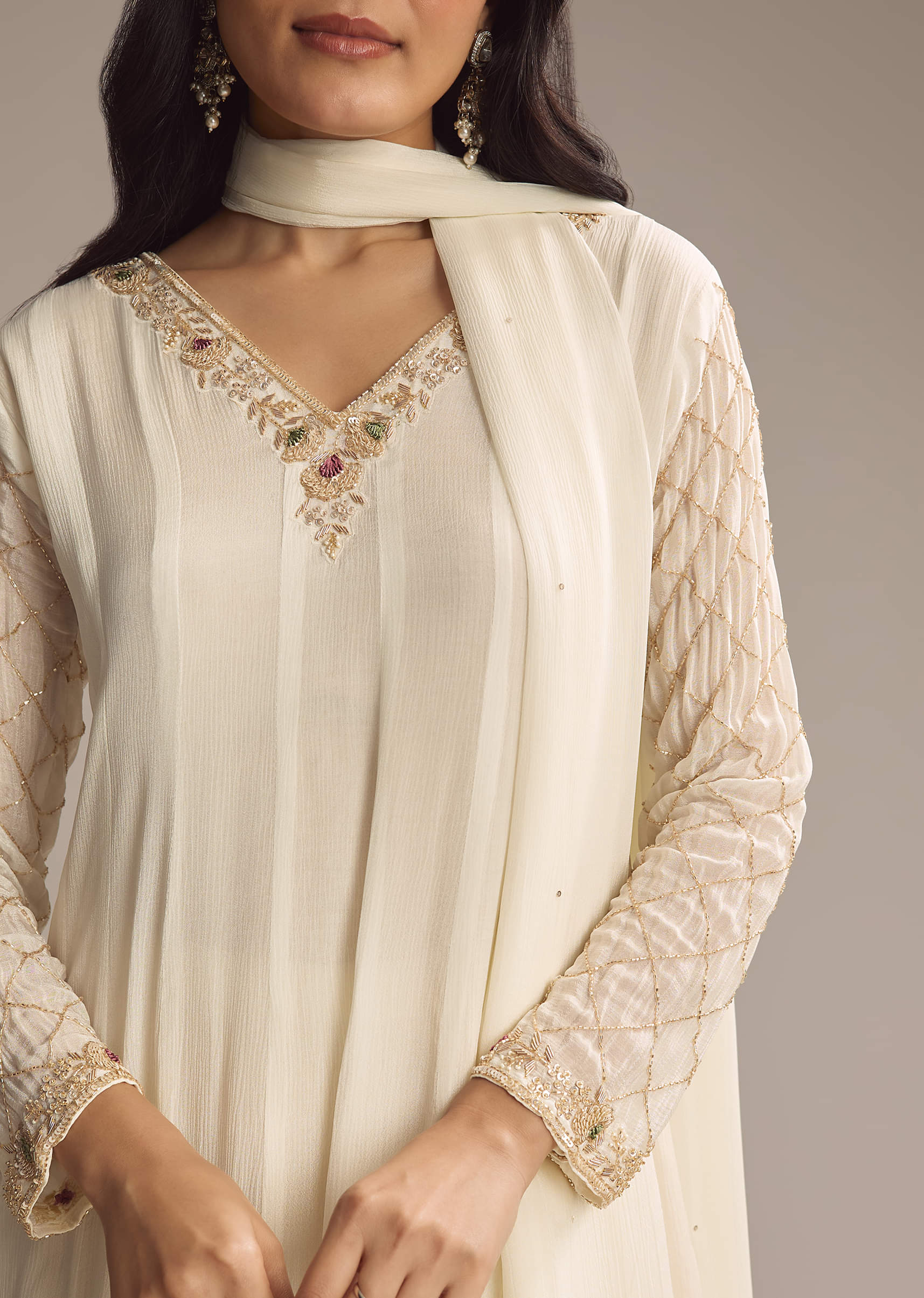 White Chinon Anarkali Suit With Cutdana And Sequins Work