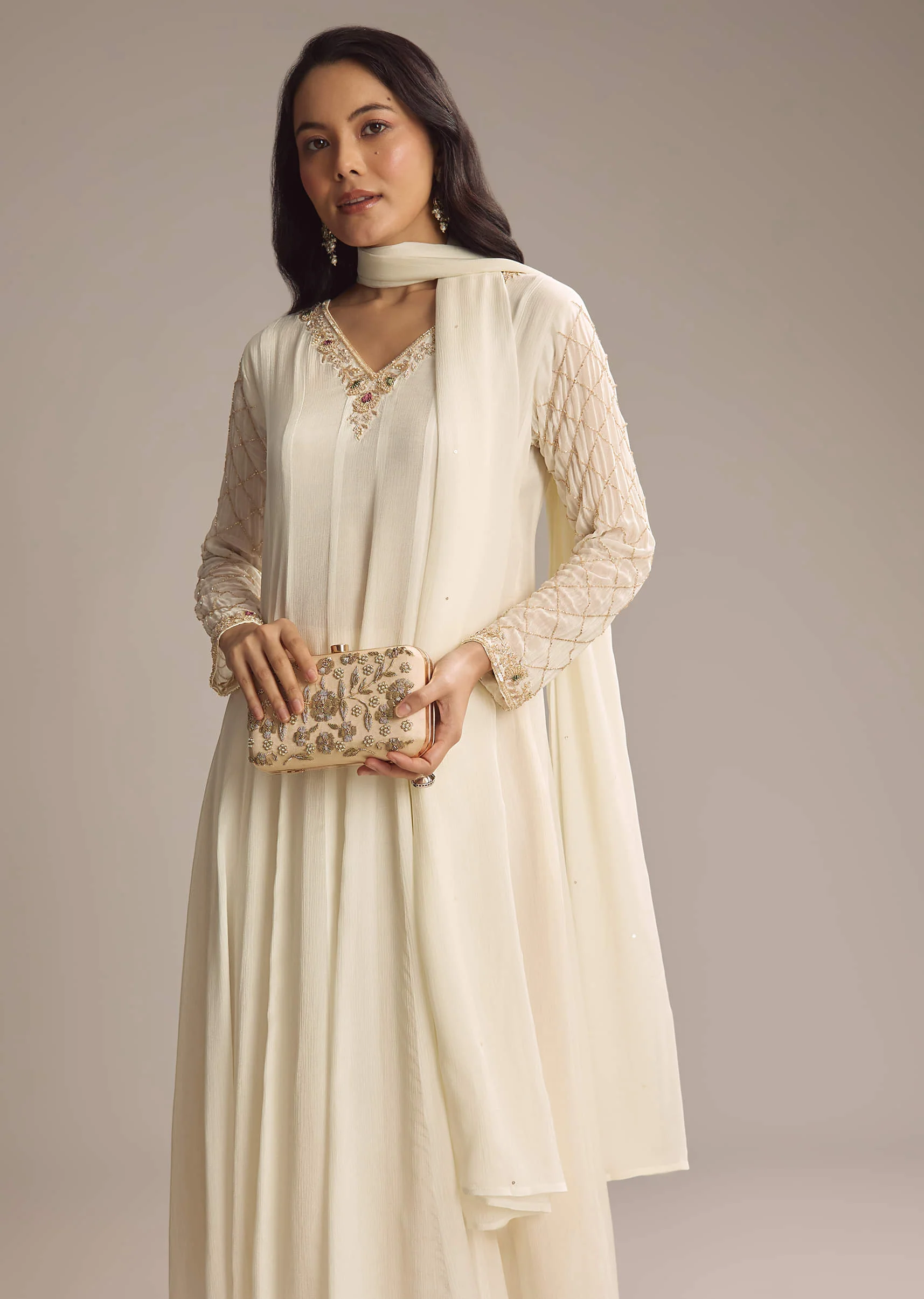 White Chinon Anarkali Suit With Cutdana And Sequins Work - Image 4
