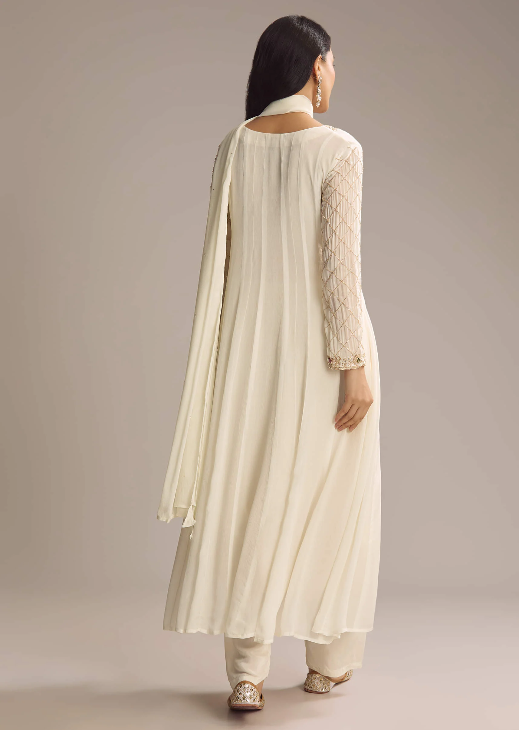 White Chinon Anarkali Suit With Cutdana And Sequins Work - Image 5
