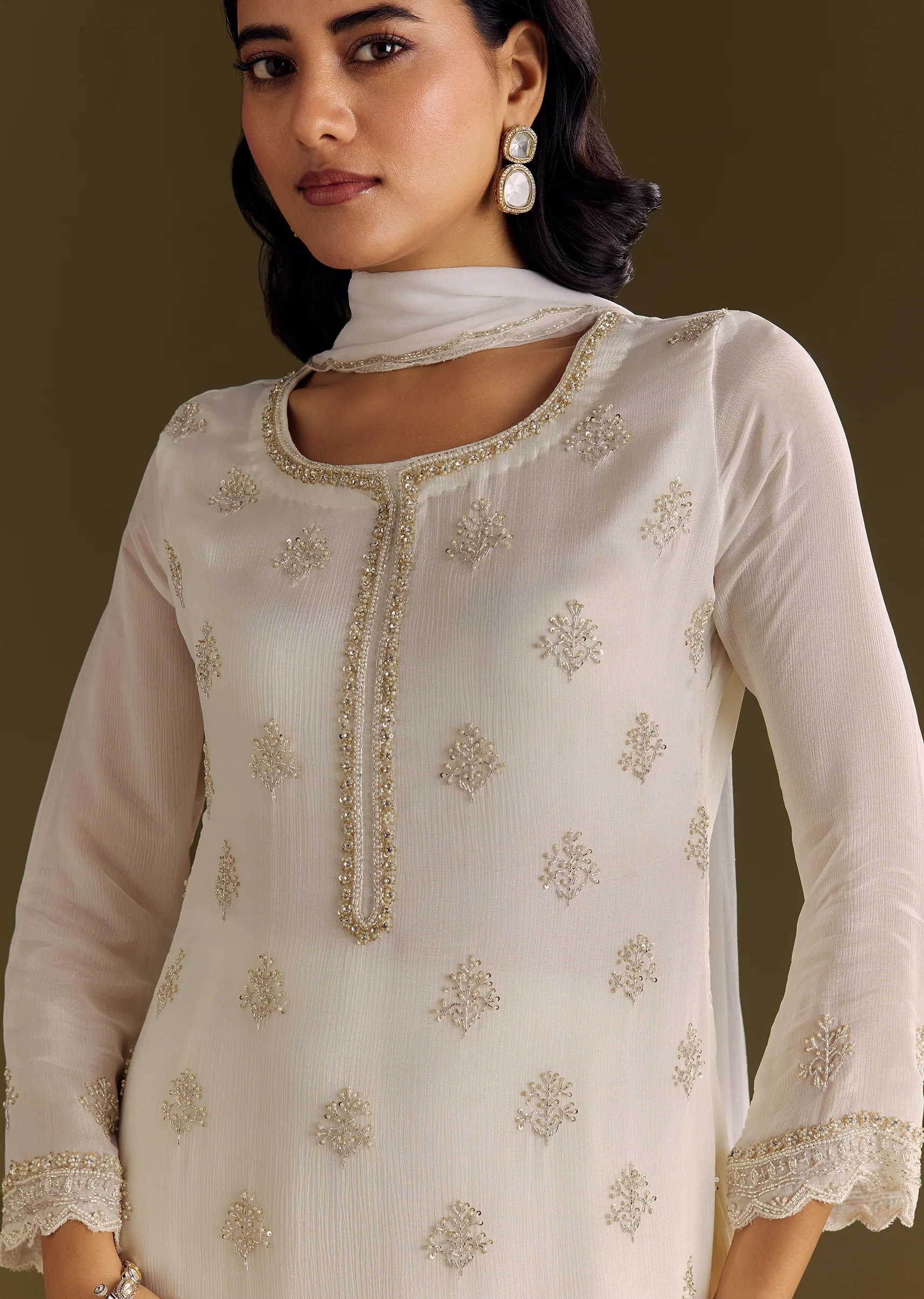 White Chinon Cutdana Kurta Sharara With Moti Work Dupatta - Image 3