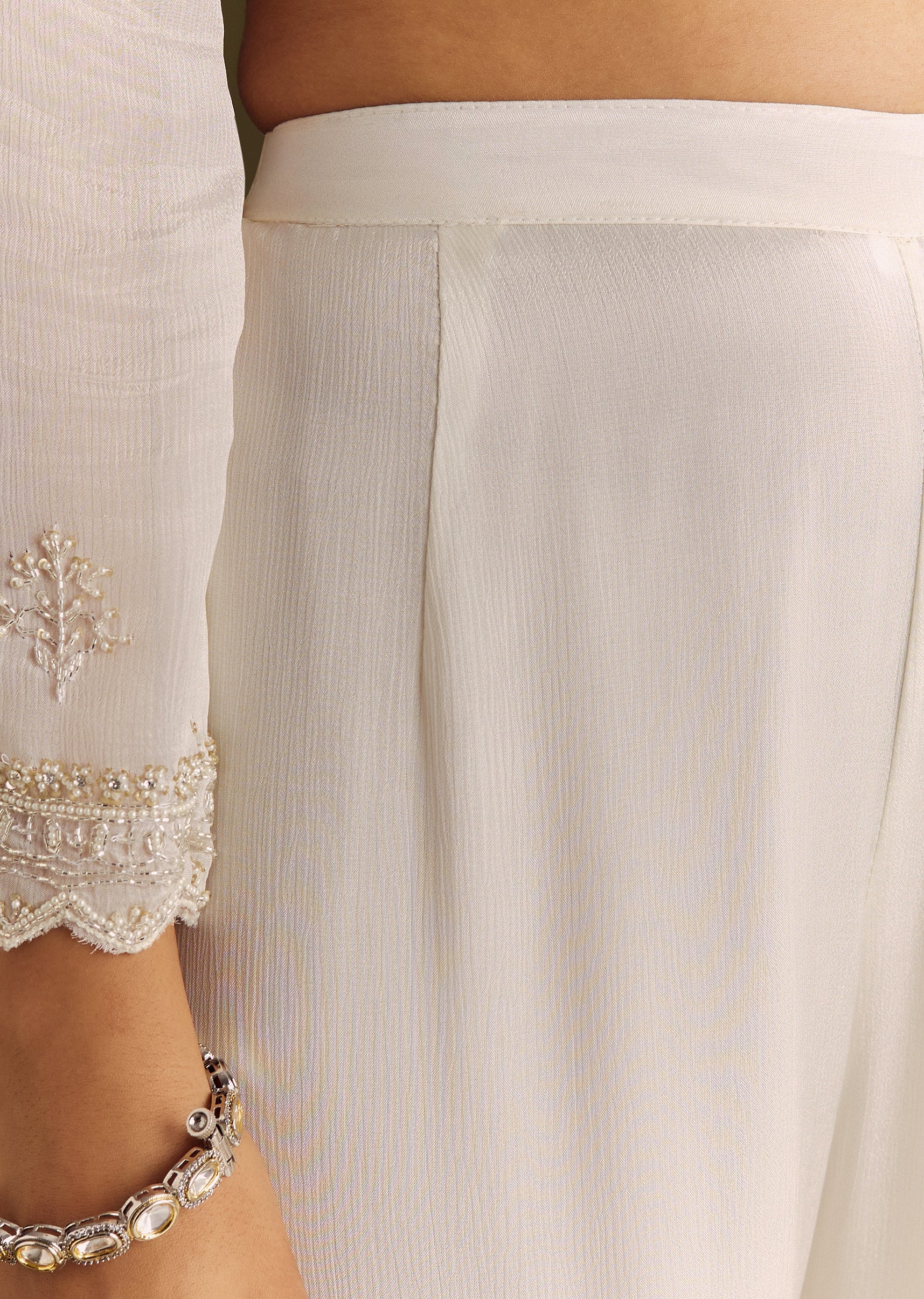 White Chinon Cutdana Kurta Sharara With Moti Work Dupatta - Image 6
