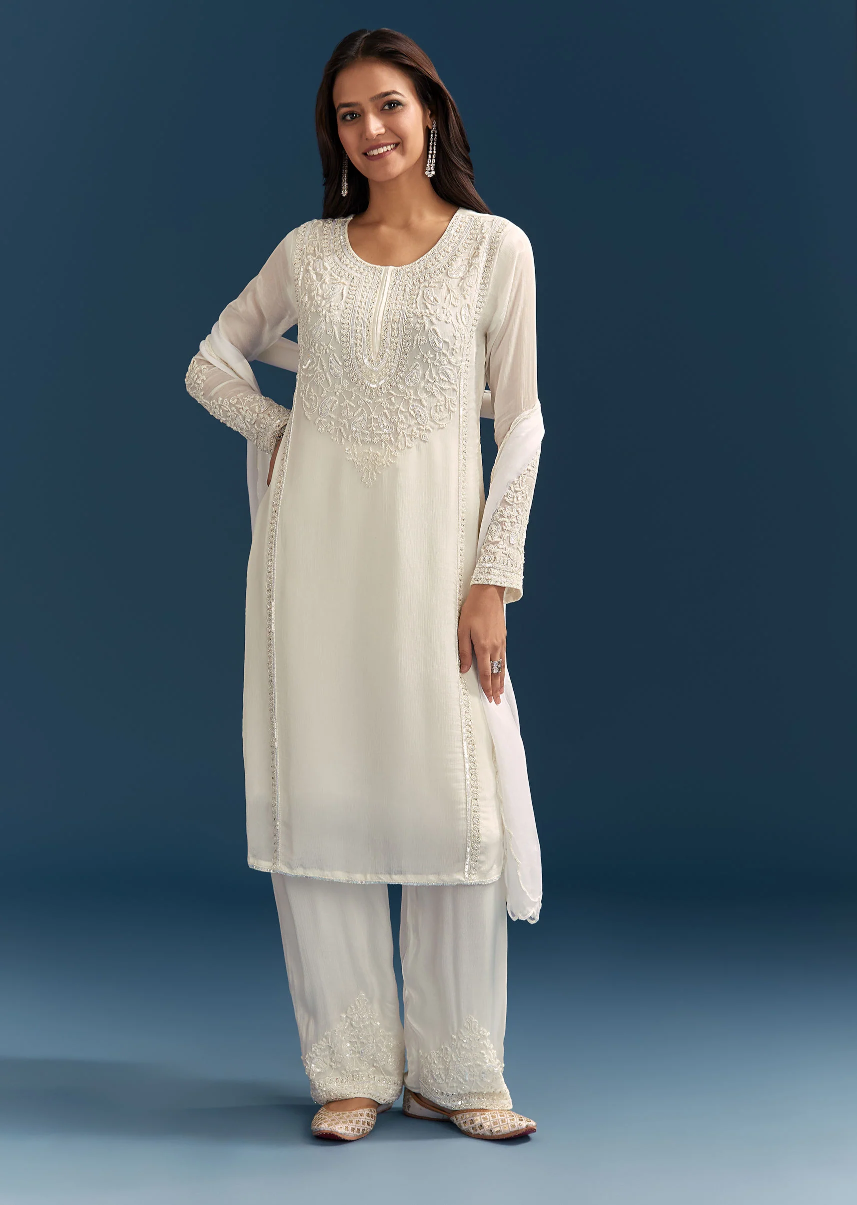White Chinon Kurta Set With Sequins And Cut Dana Work - Image 2