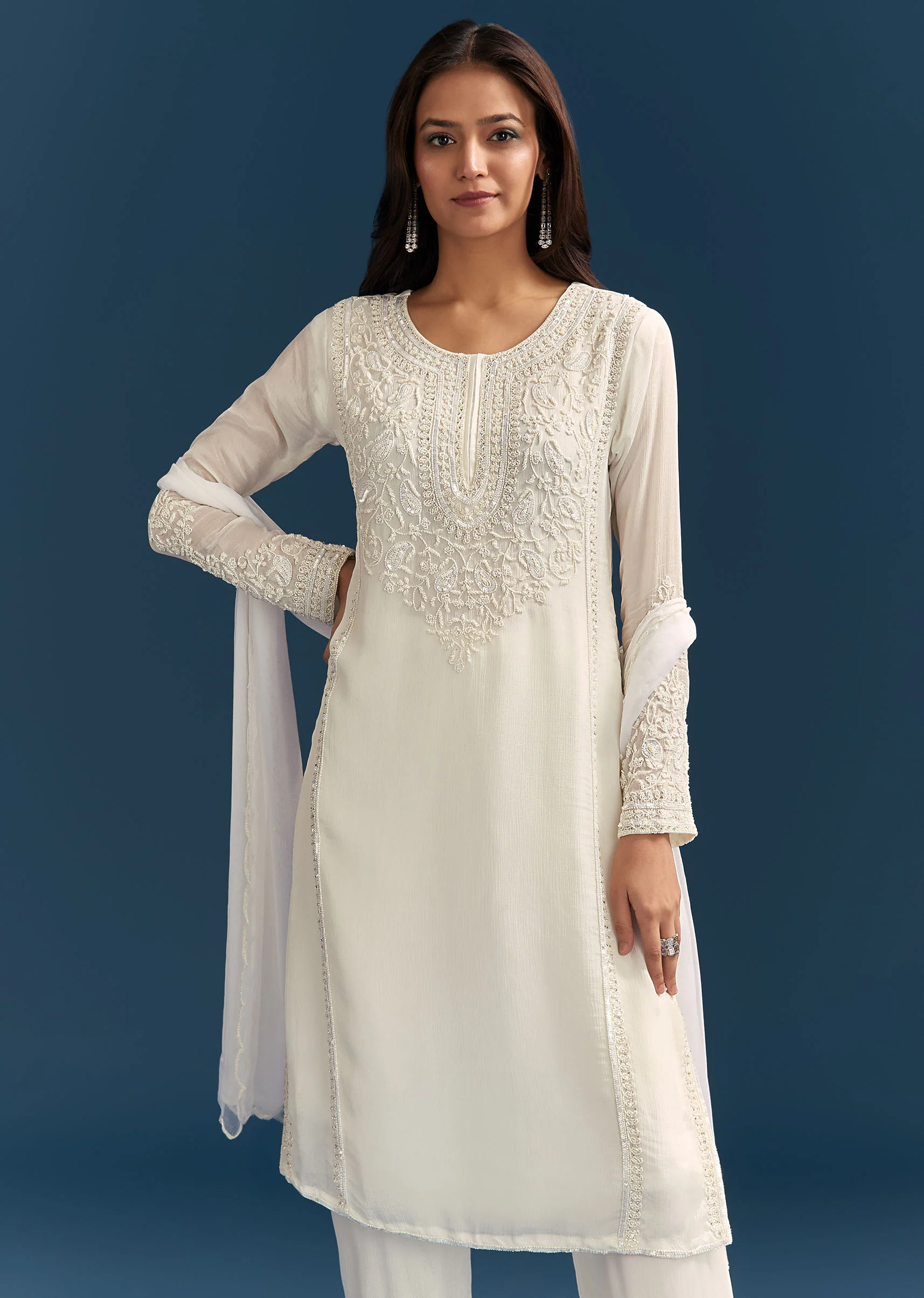 White Chinon Kurta Set With Sequins And Cut Dana Work - Image 3