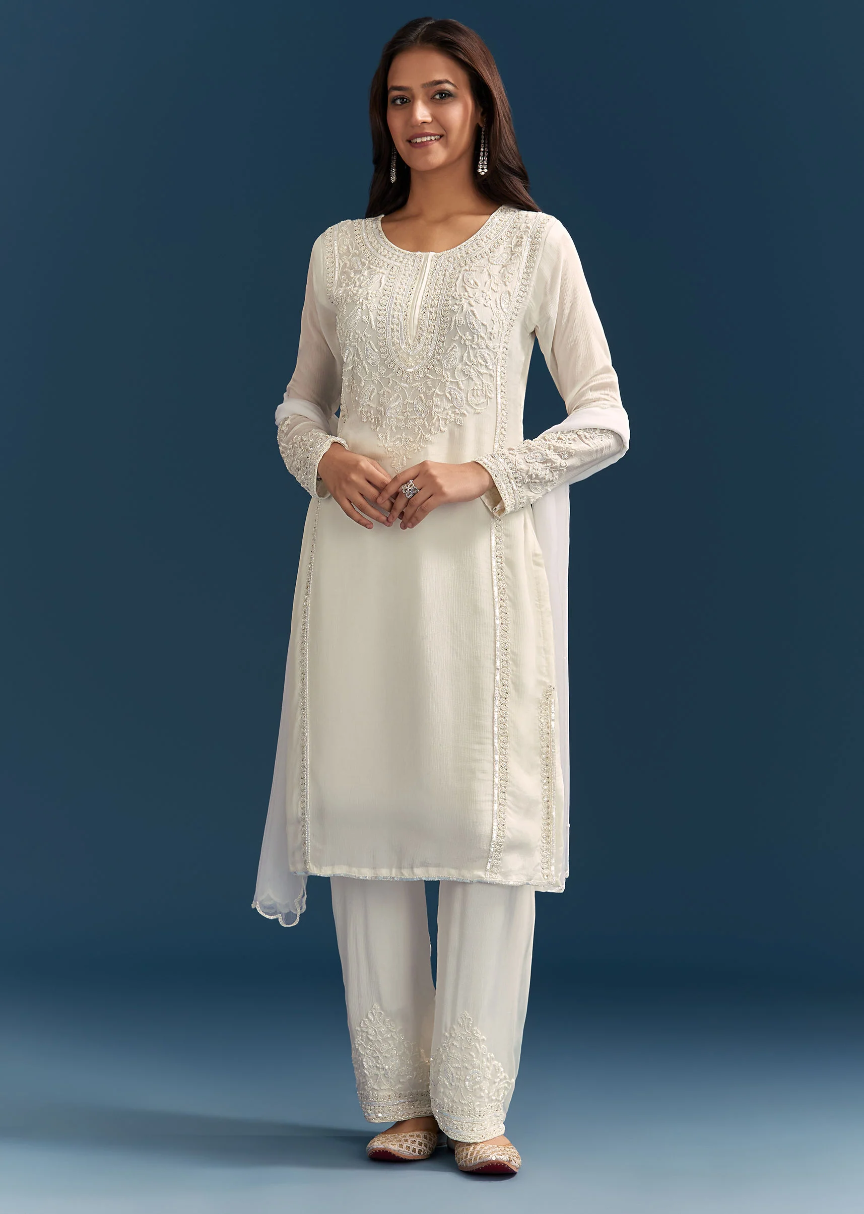 White Chinon Kurta Set With Sequins And Cut Dana Work - Image 4