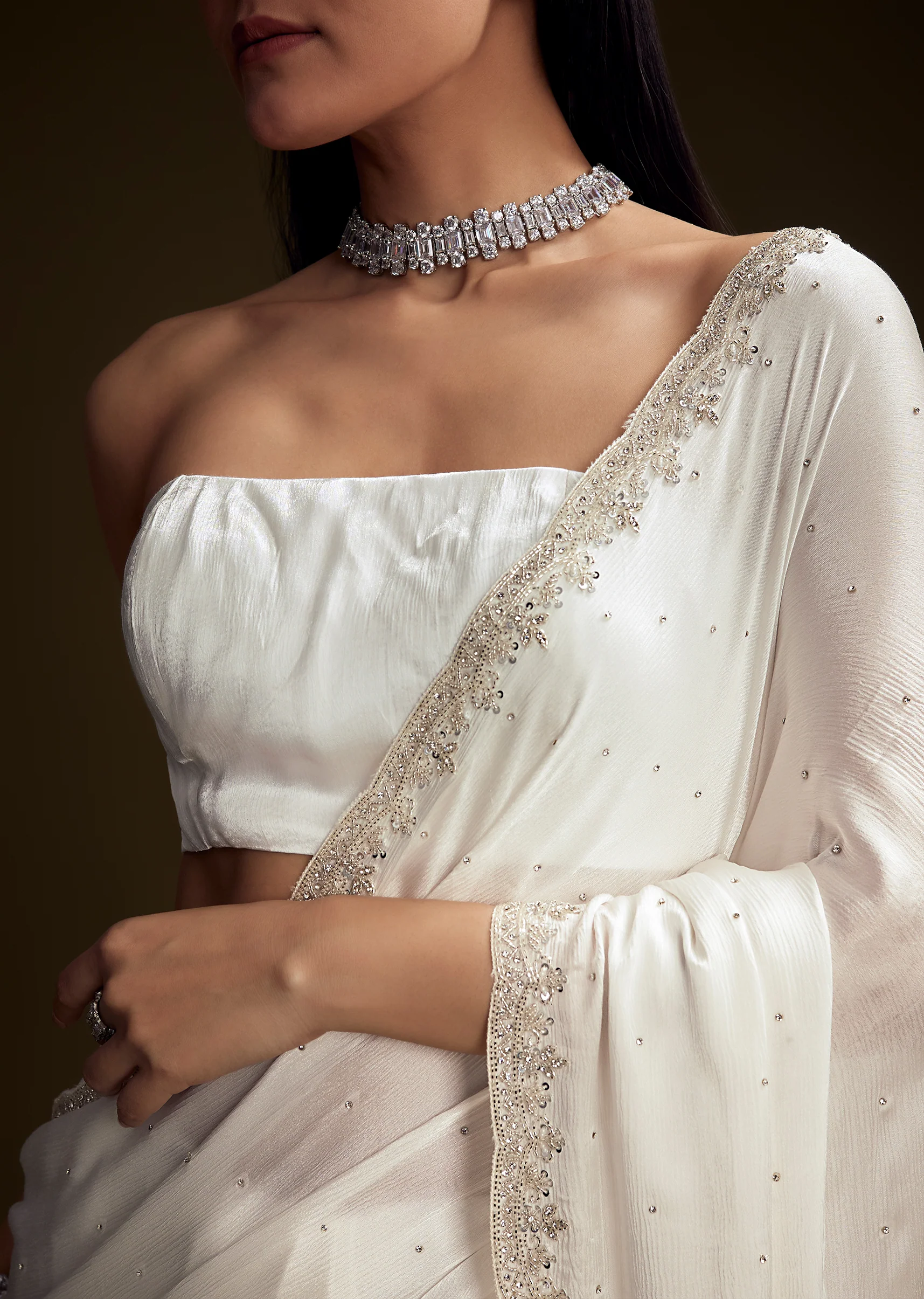 White Chinon Saree With Stone And Sequin Embroidery - Image 3