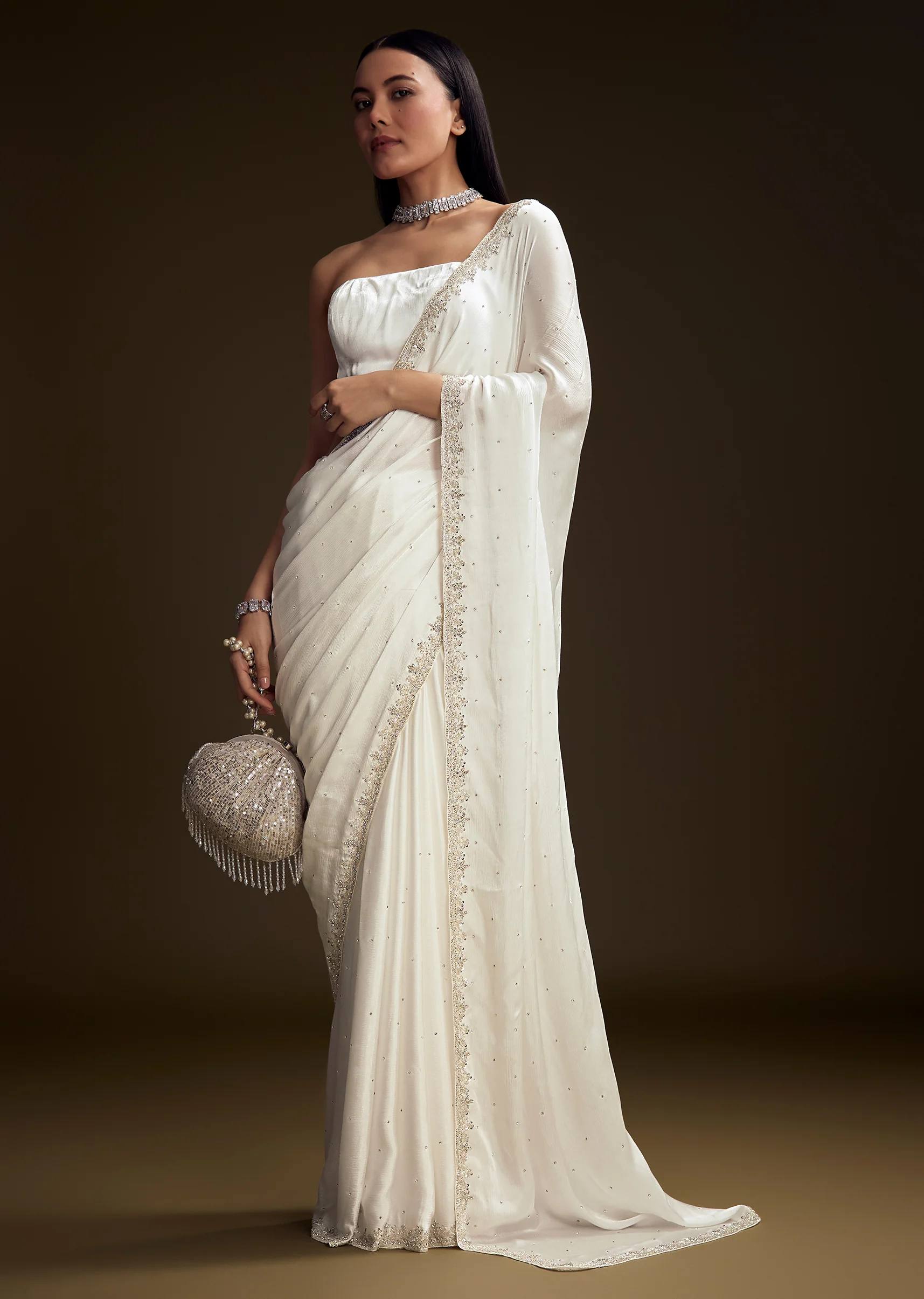 White Chinon Saree With Stone And Sequin Embroidery - Image 4