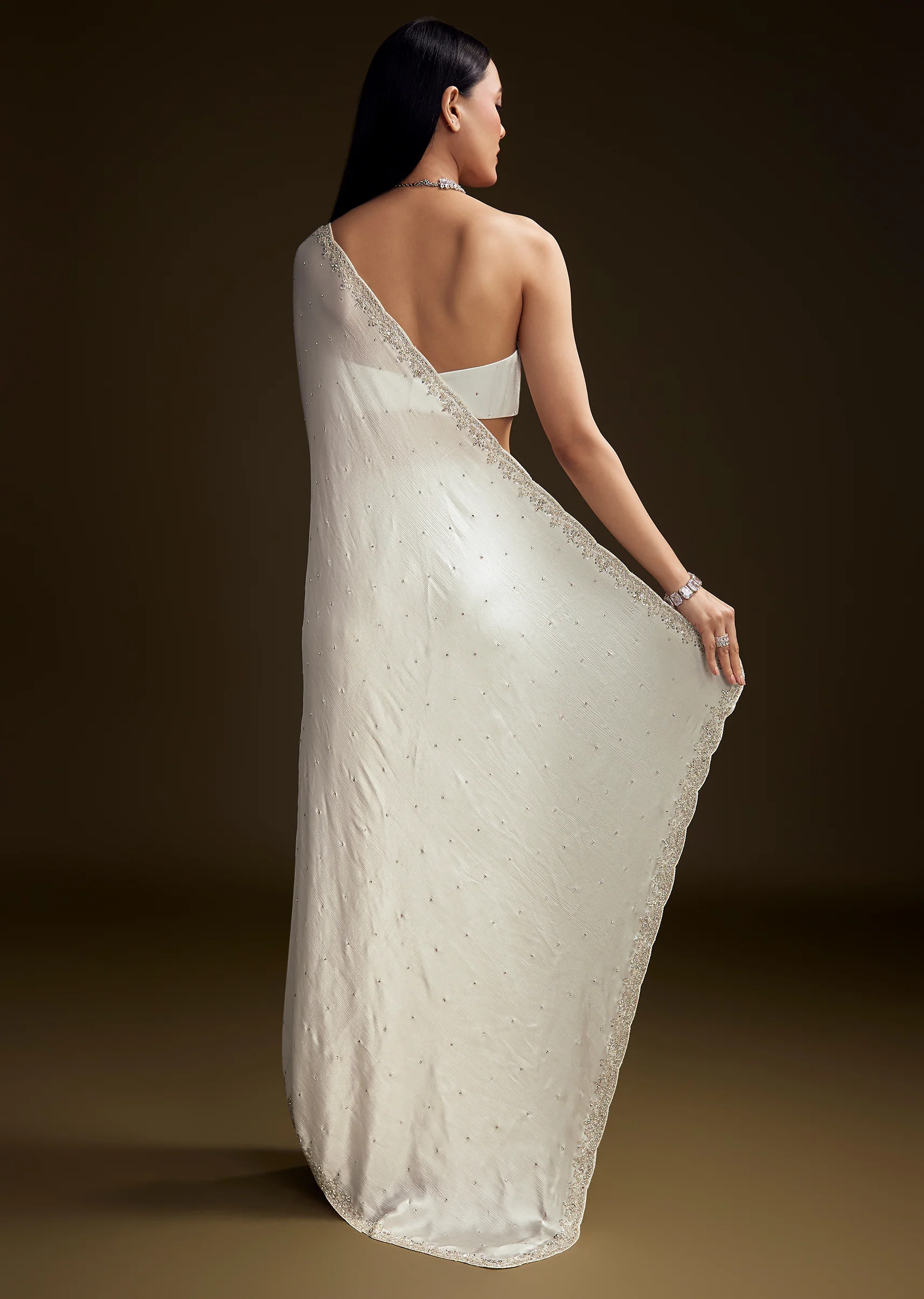 White Chinon Saree With Stone And Sequin Embroidery - Image 5