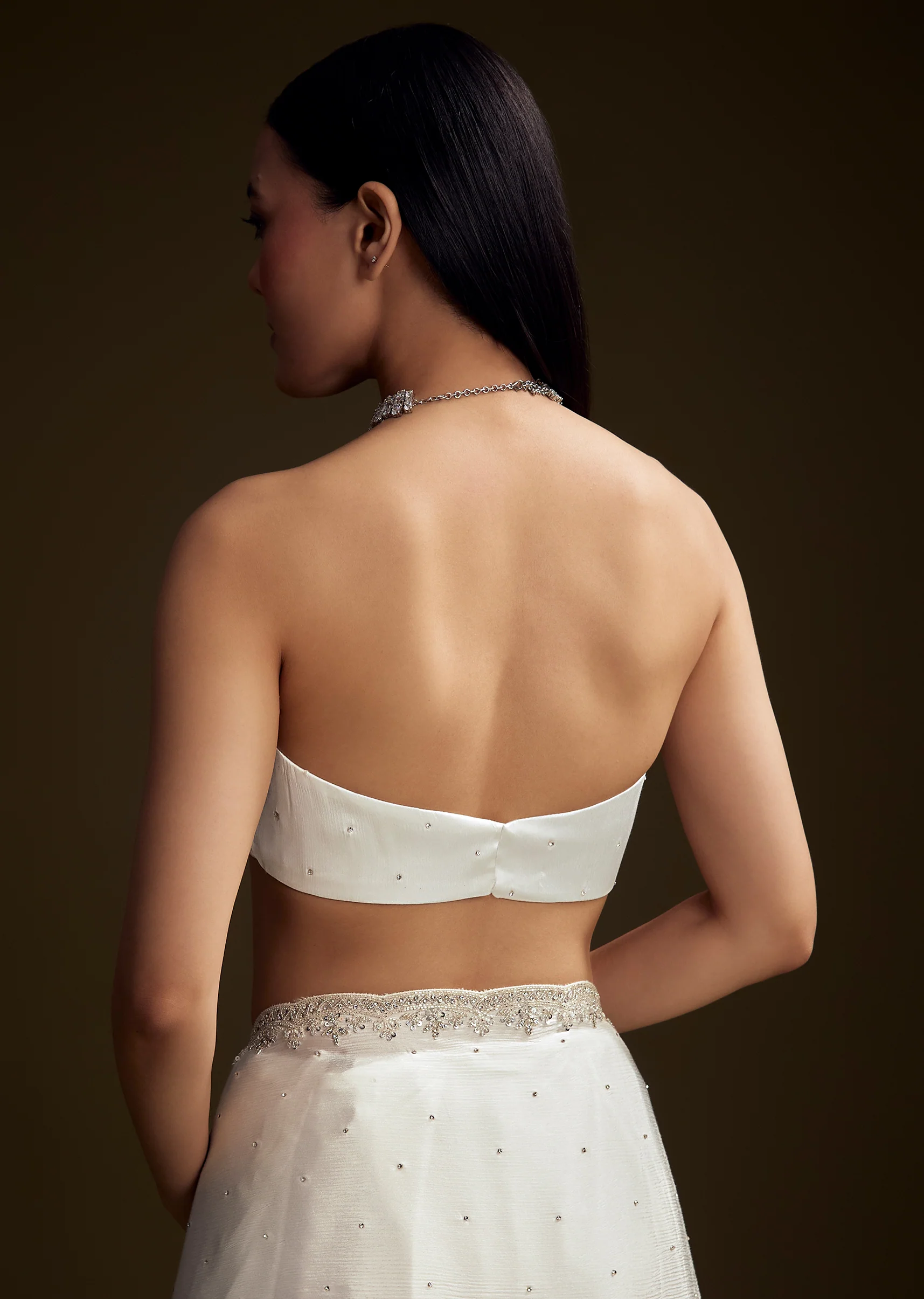 White Chinon Saree With Stone And Sequin Embroidery - Image 8