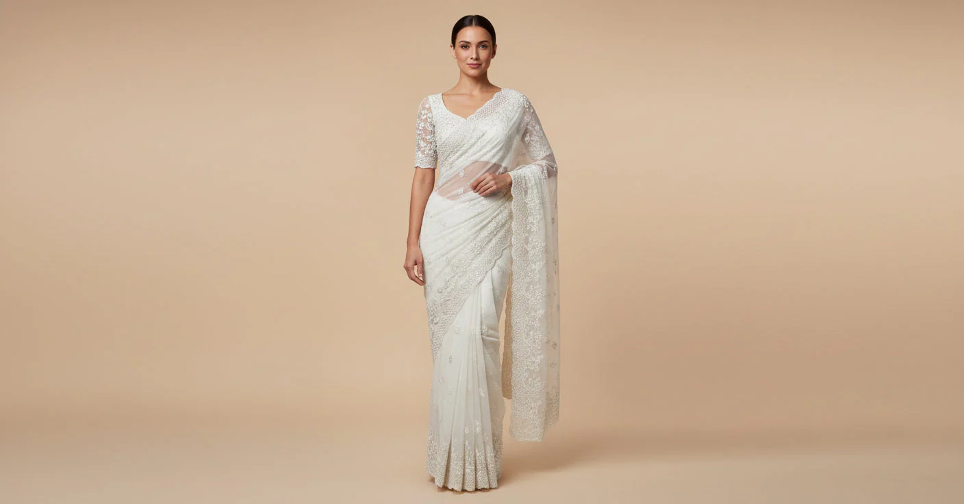 White Clean Embroidered Saree