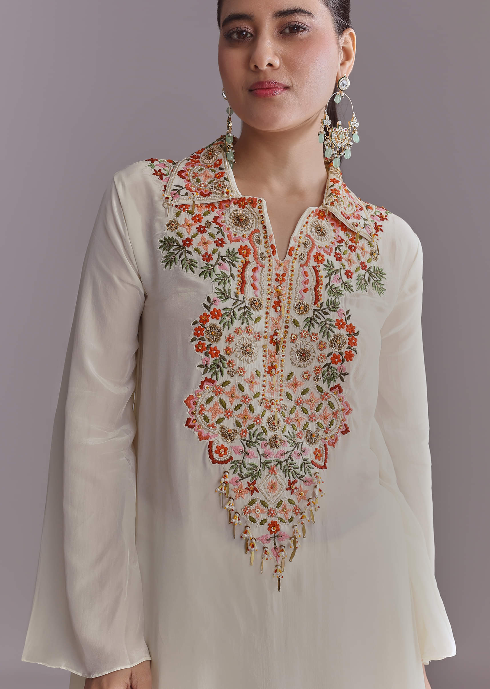 White Crepe Palazzo Suit With Thread And Resham Work - Image 2