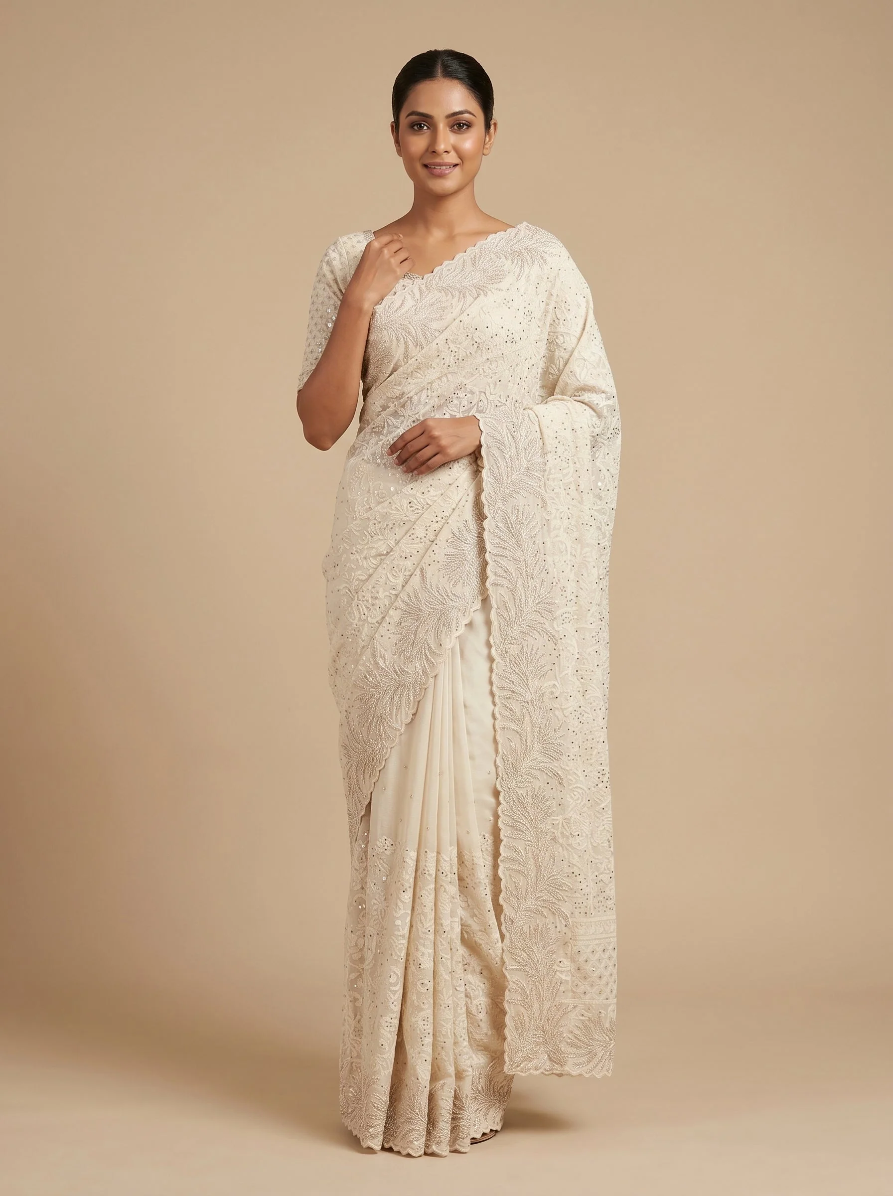 White Crisp Finish Embroidered Saree
