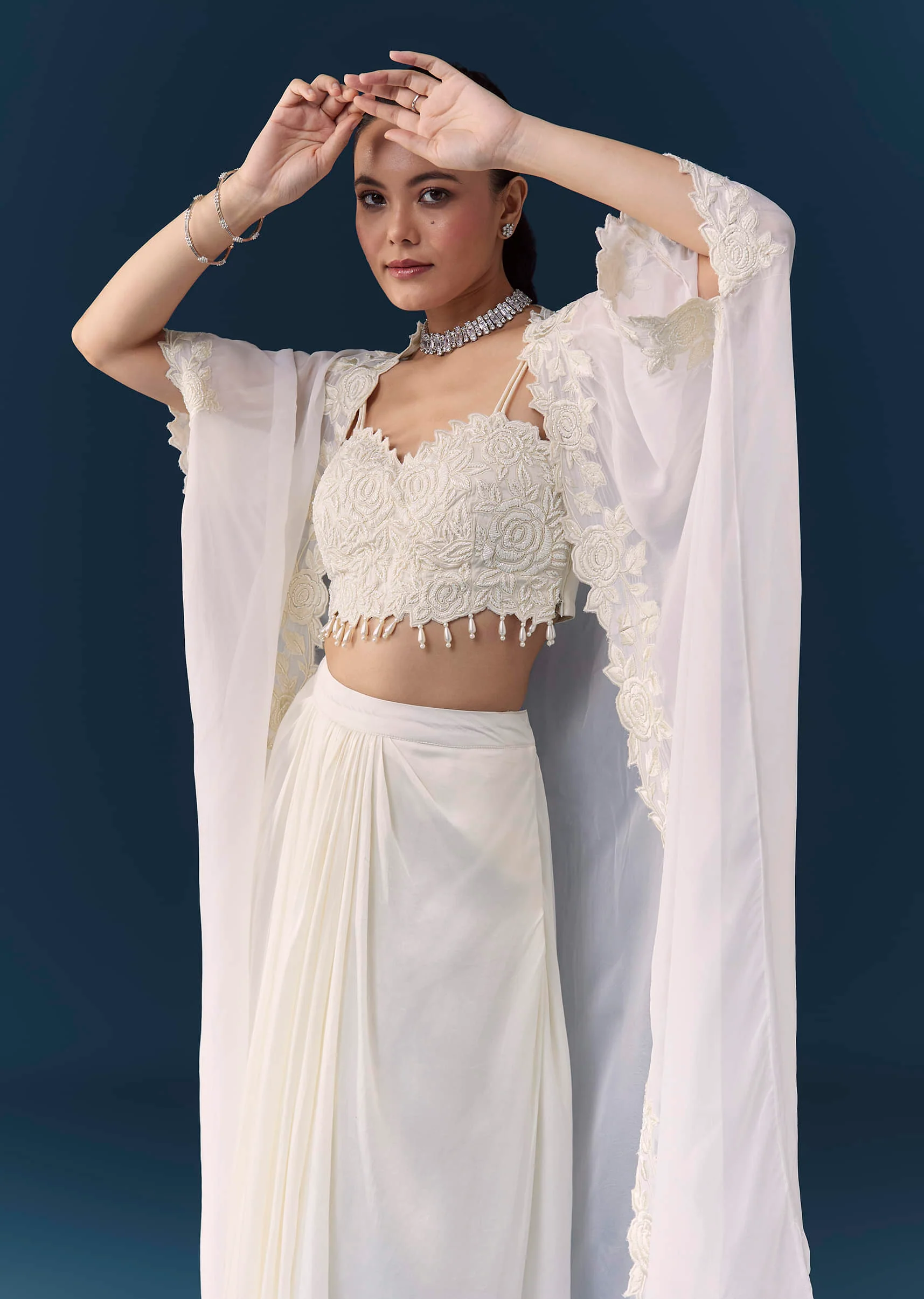 White Crop Top Draped Skirt Set with Cape - Image 4