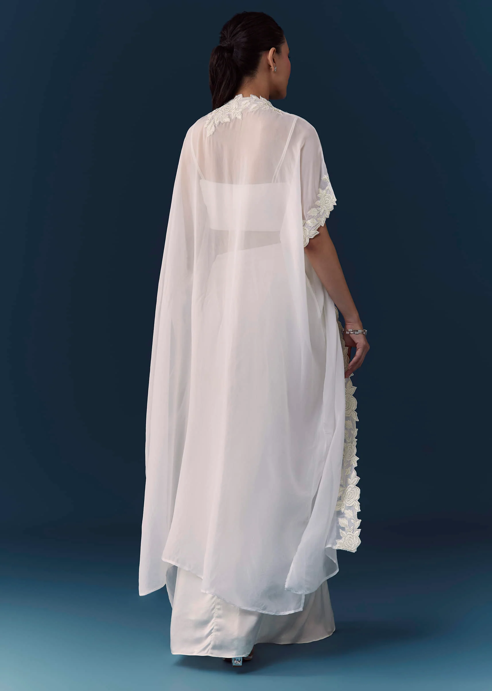 White Crop Top Draped Skirt Set with Cape - Image 5