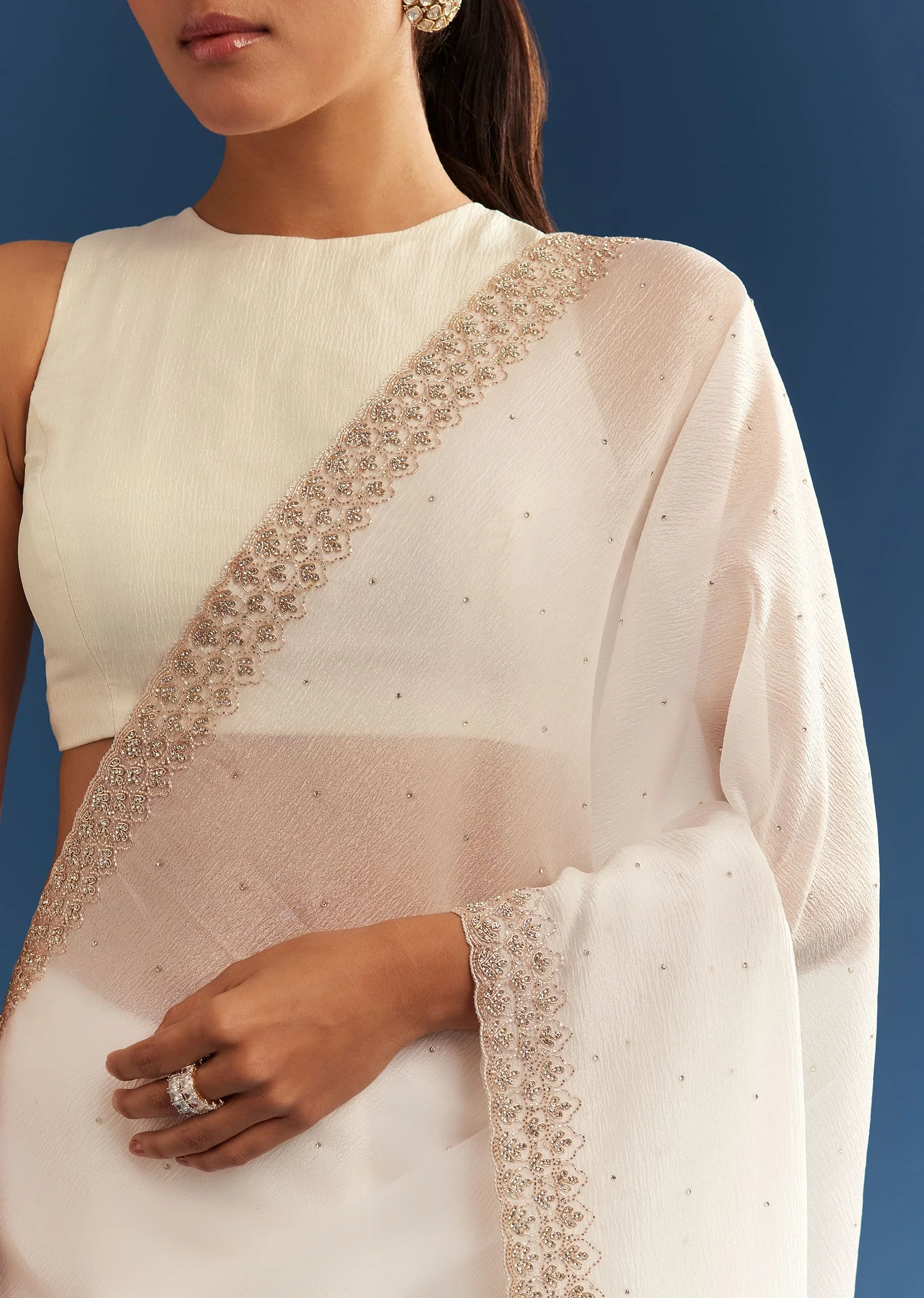 White Crushed Tissue Cutdana Embroidered Saree - Image 2